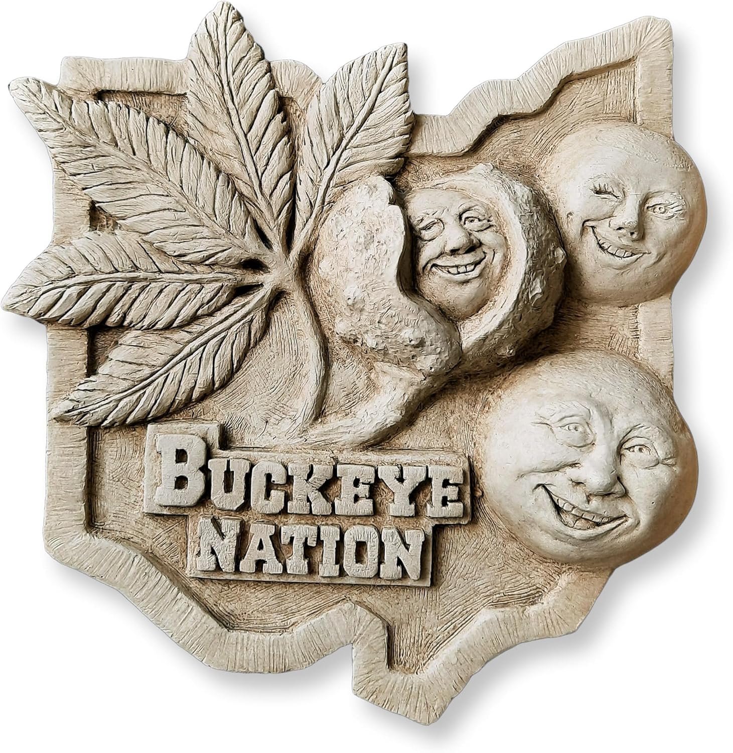 Carruth Studio Buckeye Nation Sculpture - Stone Plaque with Buckeyes, State of Ohio Buckeye Garden Stone, Buckeye Nuts Wall Decor