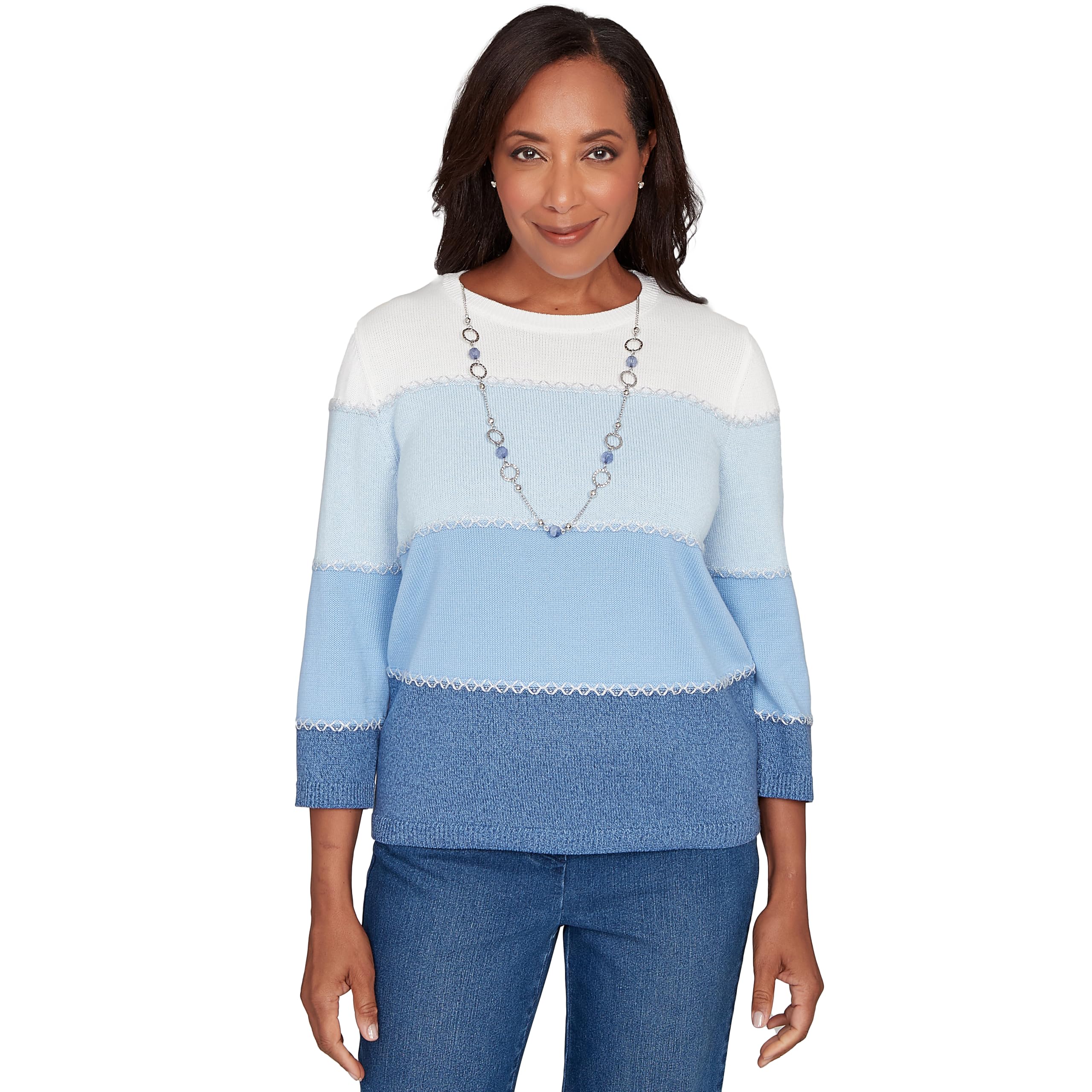 Alfred Dunner Womens Petite Ombre Stripe Sweater with Necklace Size PXL Blue
