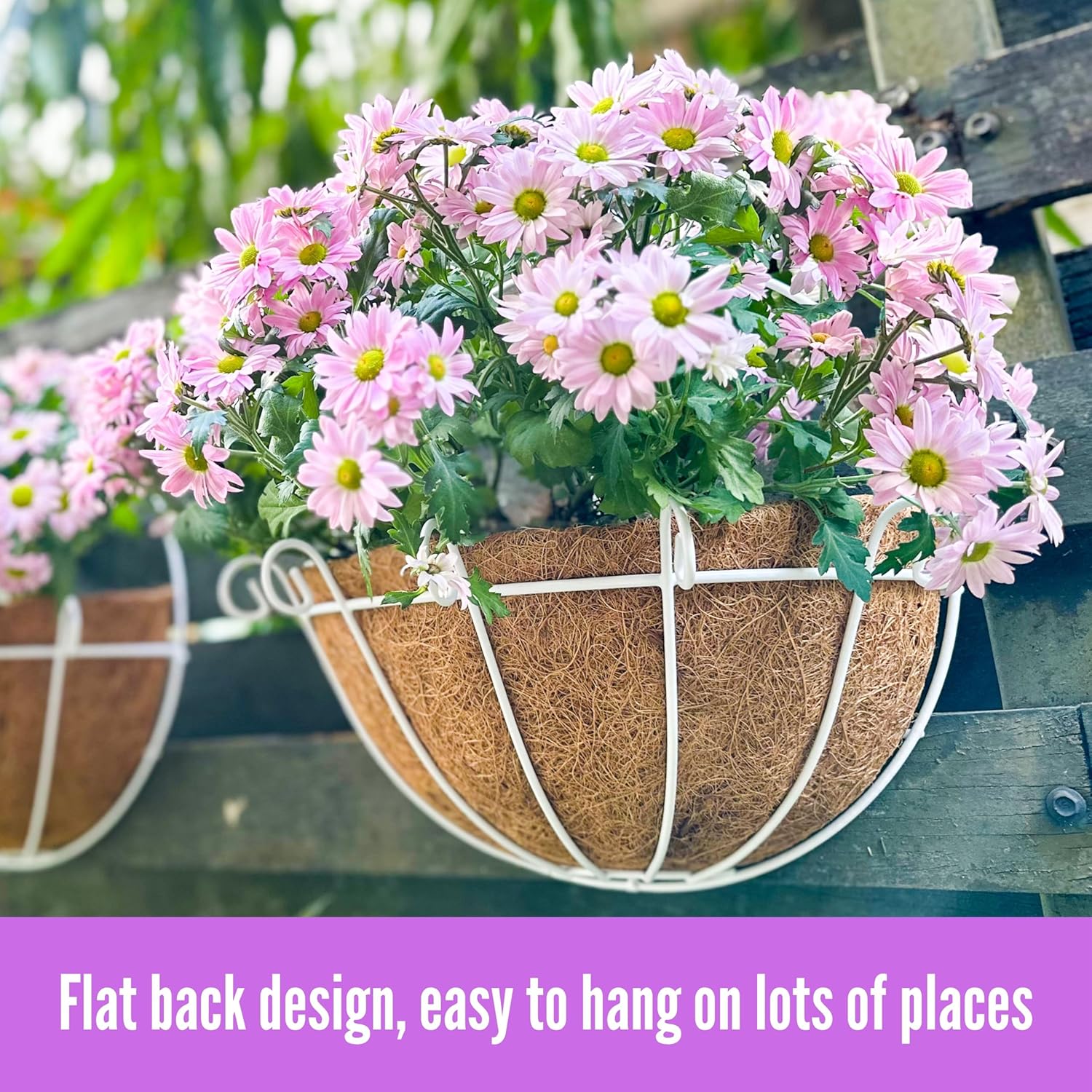 Shoplala Wall Hanging Planter for Outdoor (4 Pack, 14 Inch) White Metal Wall Mounted Flower Basket with Coco Liner Fence Railing Plant Pots Holder Balcony Deck Porch Modern Garden Indoor Outside Decor