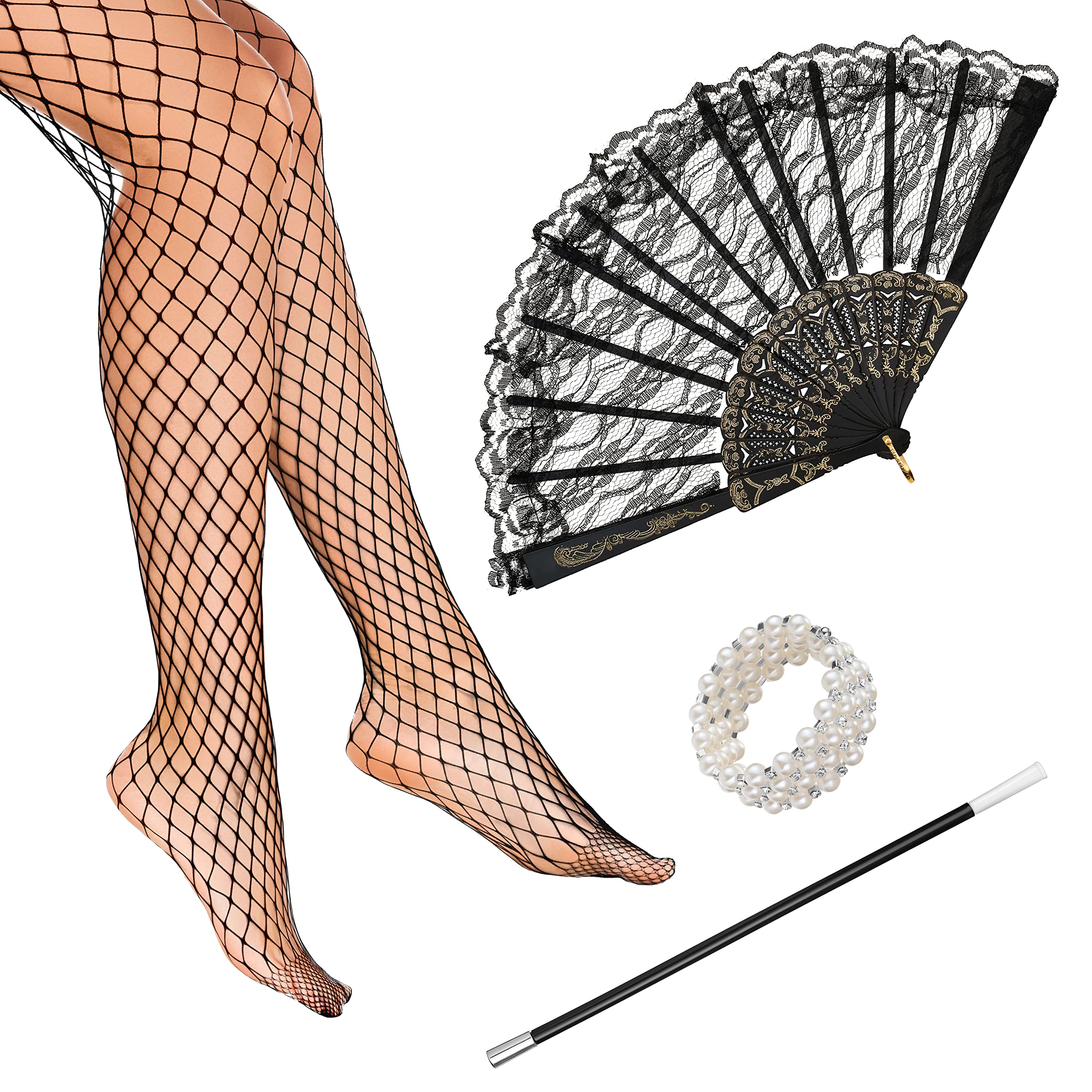 Balinco 1920s Accessories Ladies Set, Pearl Bracelet, Fan, Fishnet Tights, Cigarette Holder, Carnival, Women's Carnival