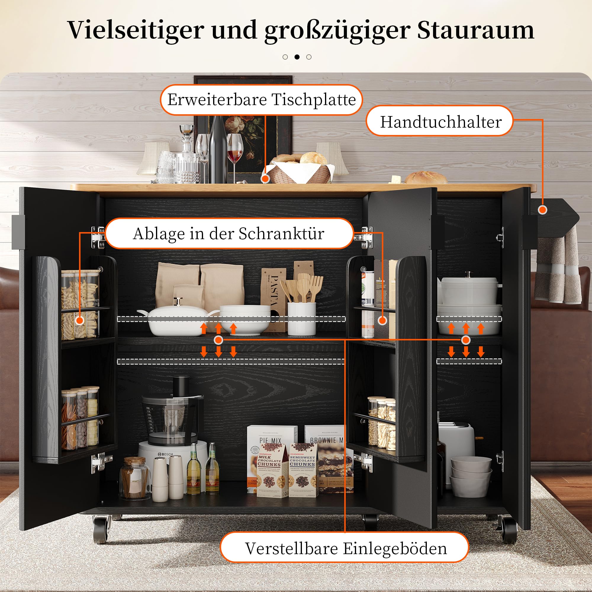 Bladez Kücheninsel mit Rollen 130 cm Mobile Küchenzeile mit Ablage & Aufbewahrung Faltbare Tischplatte Verstellbare Regale Handtuchhalter Schwarz