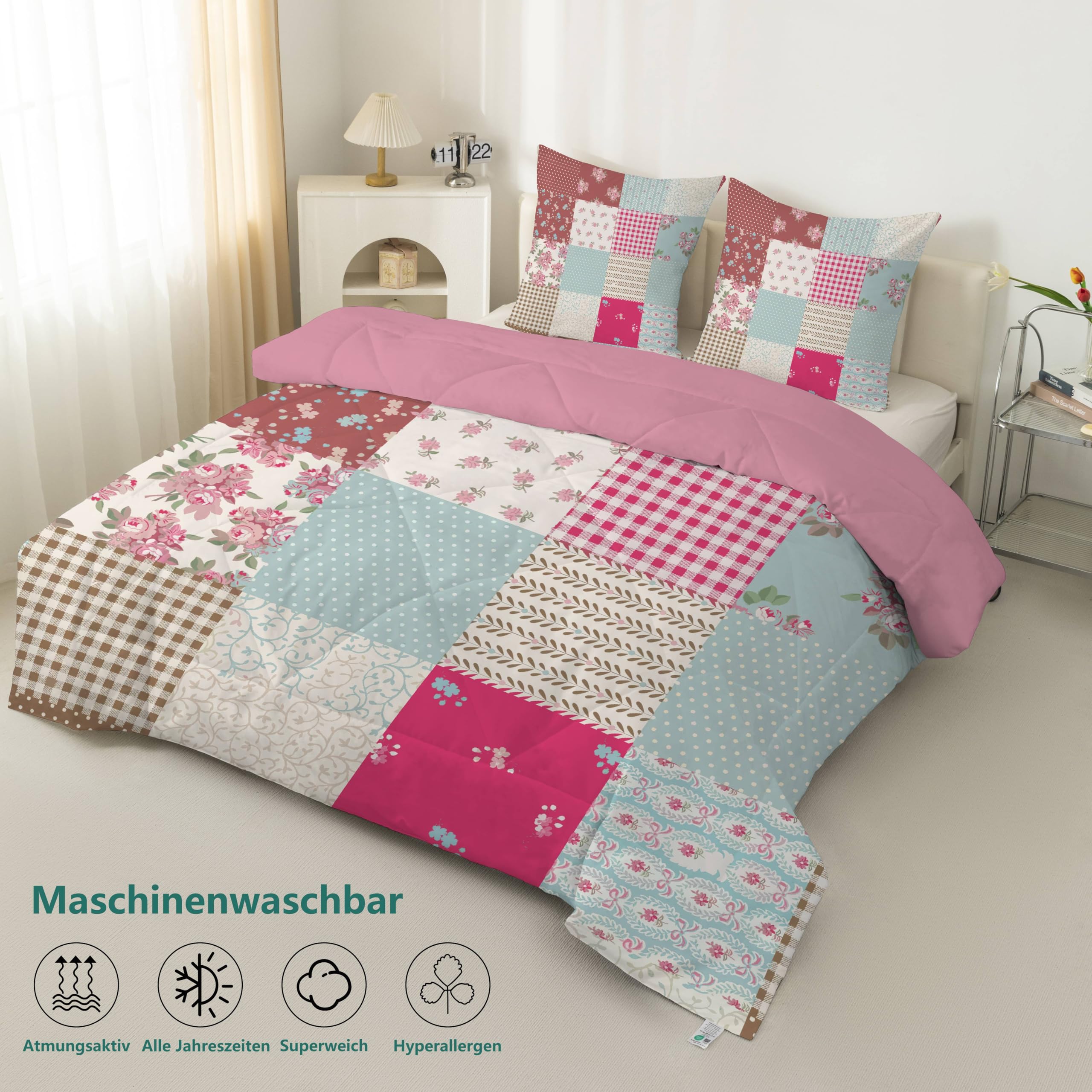 Blumen-Patchwork Bettdecke 135x200 4 Jahreszeiten, Wende Steppdecke 135x200, Warme Ganzjahresdecke Modernes Patchwork Bettdecke ohne Bezug Waschbar Schlafdecke mit 2 Kissenbezug 80x80cm