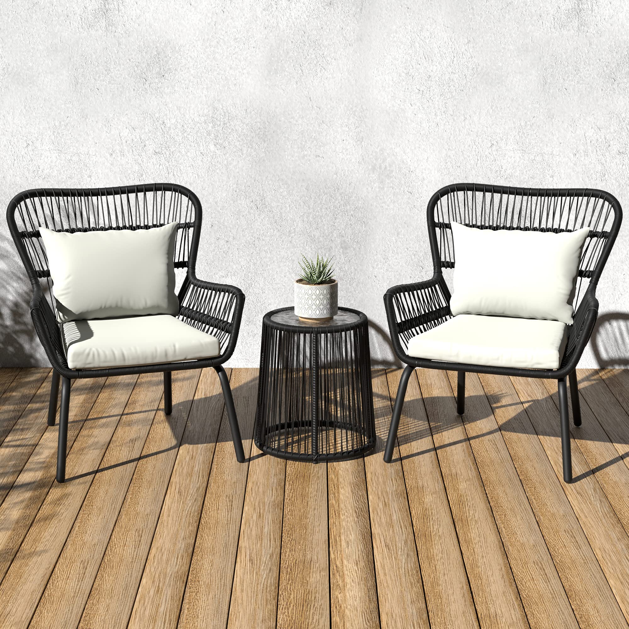 Amazon Basics Outdoor All-Weather Woven Faux Rattan High Back Chair Set with Cushions and Side Table, Black - 3-Piece Set