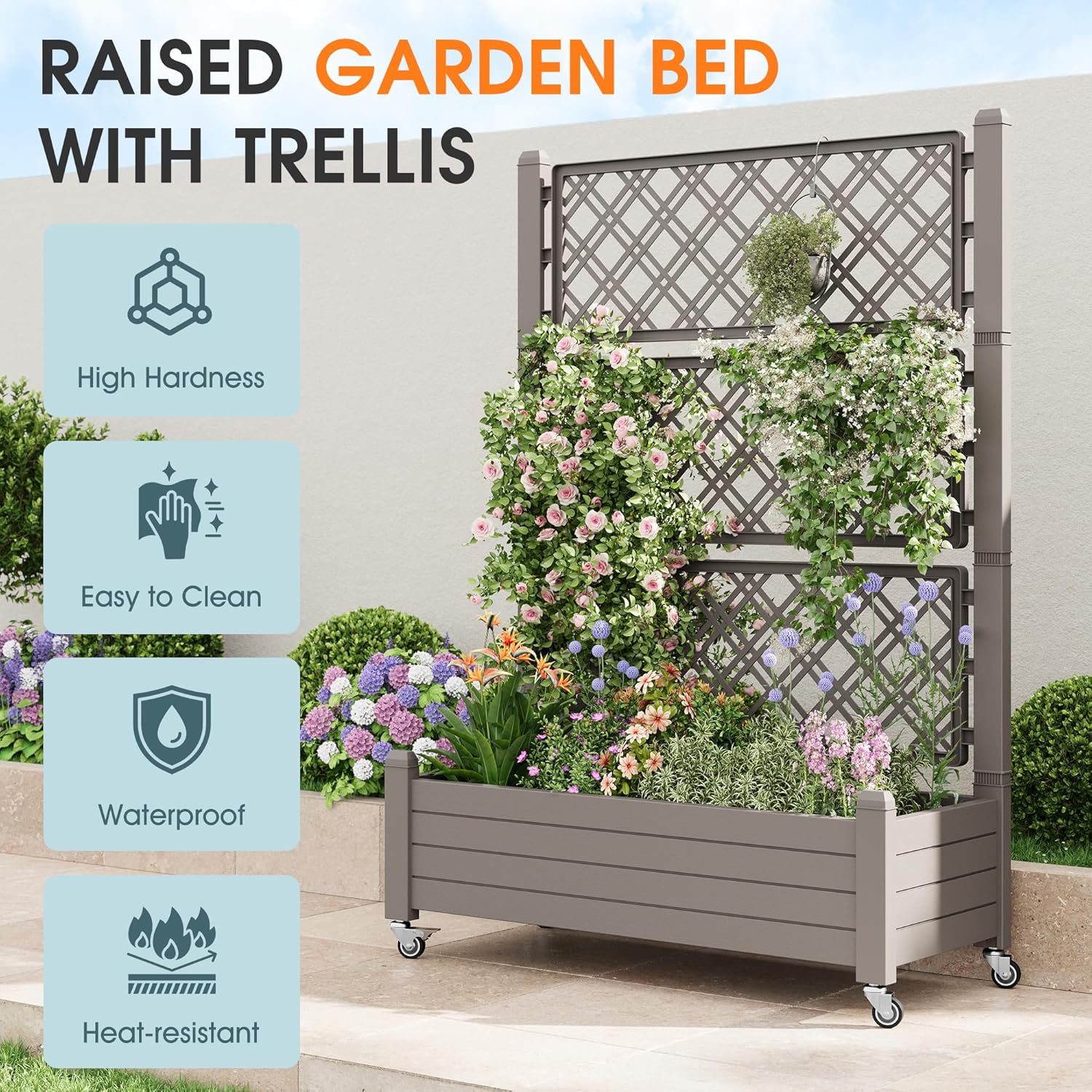Resin Raised Garden Bed with Trellis and Wheels - Plasitc Planter Box with Trellis Outdoor with Drainage Holes & Water Monitor for Climbing Plants, Flower, Light Brown(61.2" H)