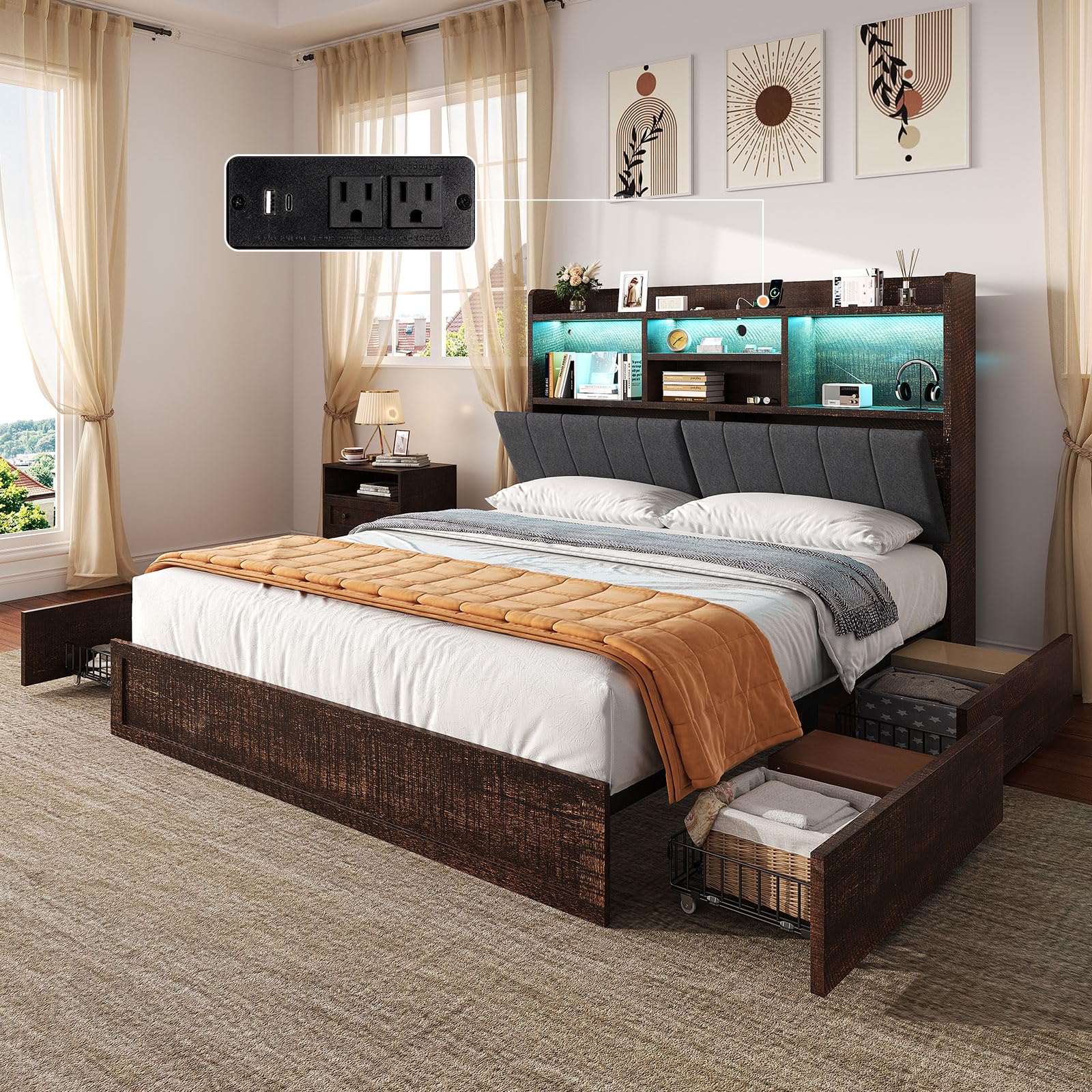 queen size platform bed with 4 storage drawers, 51.2 tall led bed frame with bookcase headboard, linen upholstered, charging station & hidden storage area, no box spring needed, rustic brown