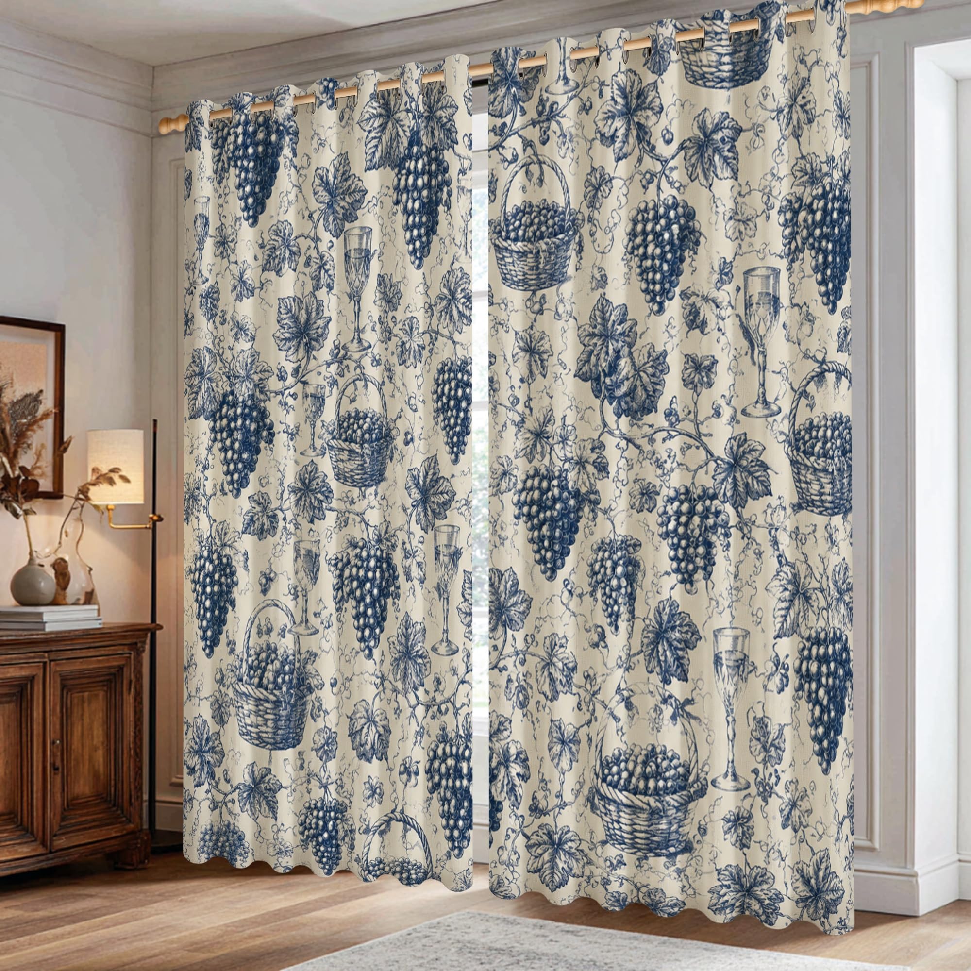 Rideaux occultants bleu marine motif paniers et feuilles 107x213 cm