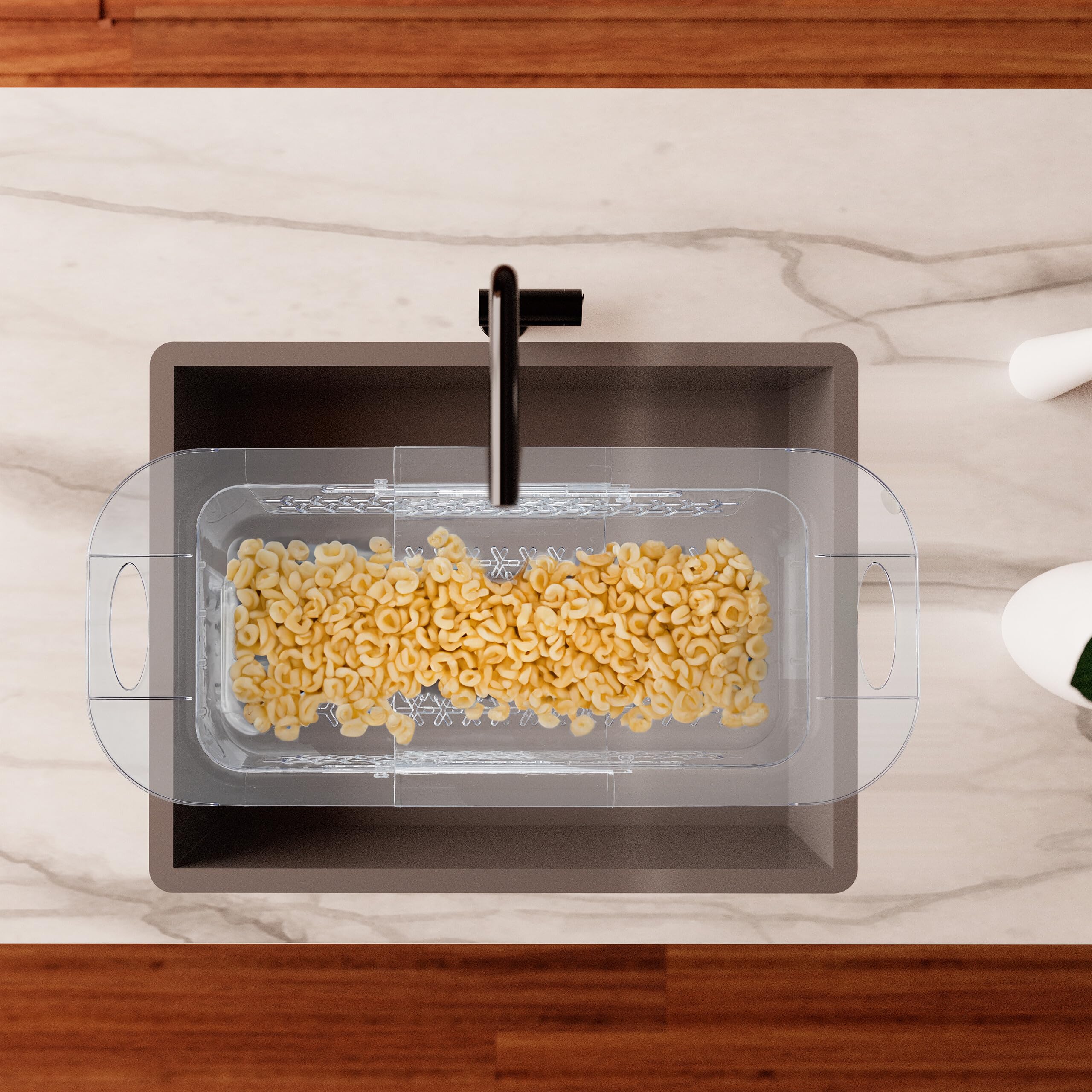 Relaxdays Vaschetta Scolapasta per Lavandino, Allungabile da 43,5-57 cm, da Appendere per Lavello, Plastica, Trasparente