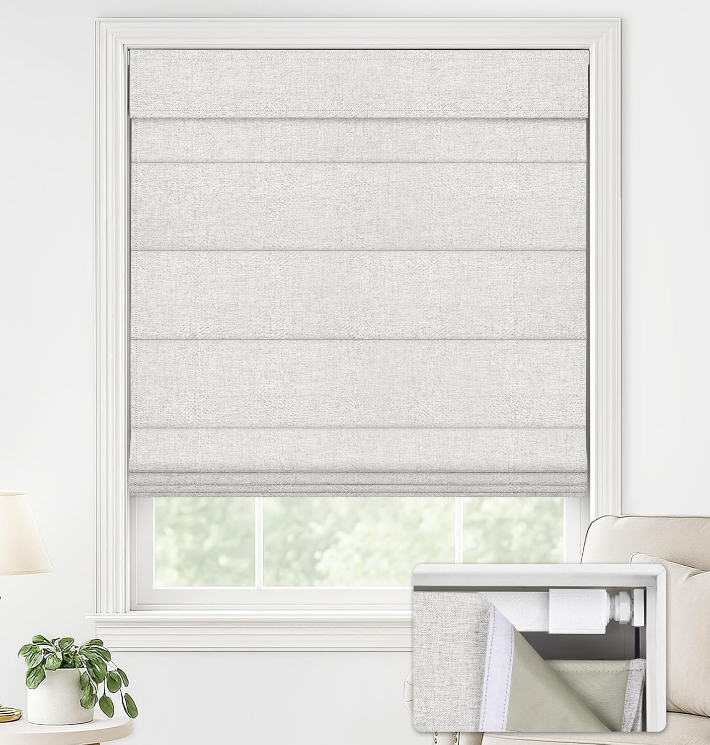 LazBlinds No Drill Roman Shades for Windows, Cordless Blackout Window Shades with UV Protection, Polyester Fabric for Bedroom & Living Room, 37" W x 64" H, Natural Blackout - Faux Linen - Natural 37"W x 64"H