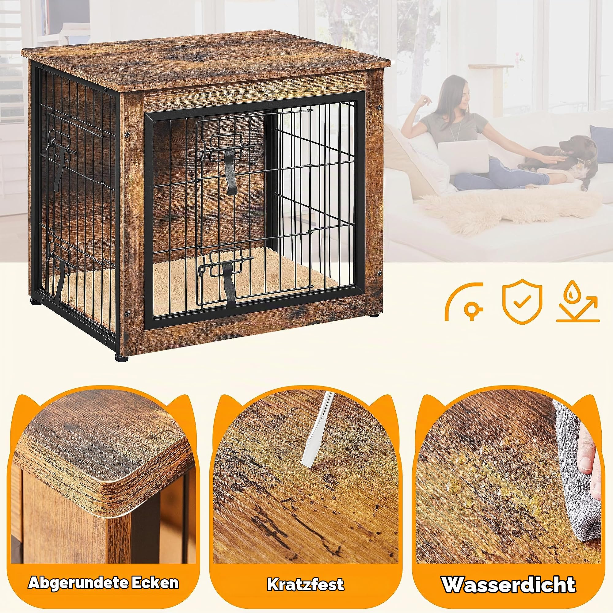 Yaheetech Hundekäfig Möbel, Hundebox Beistelltisch, Moderne Hundehütte für kleine/mittelgrosse Hunde bis zu 61 kg, Hundehaus mit 2 Kissen, 138x51x61 cm, Braun