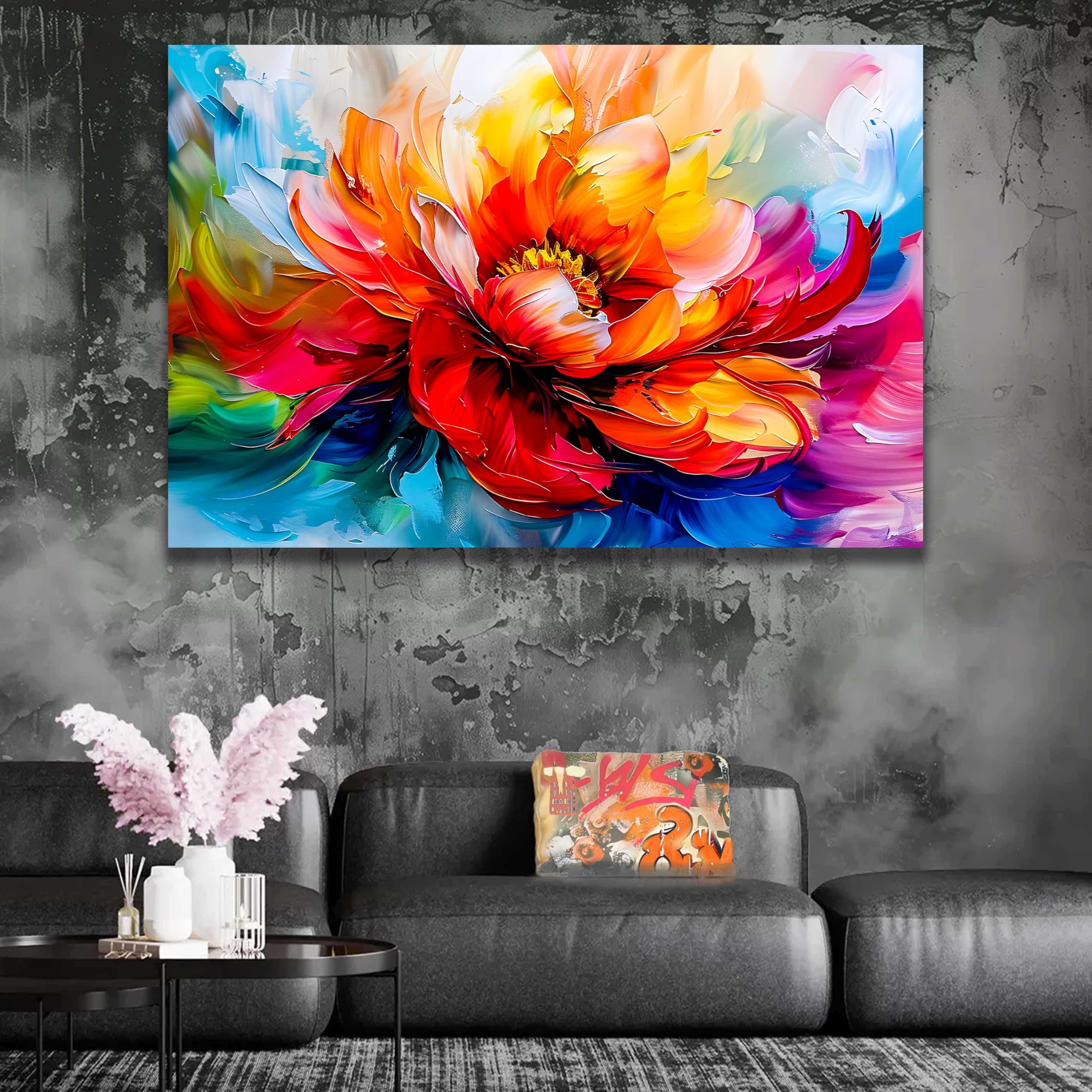Kunstbruder 80x120 cm Abstrakt Blumen Entfaltung – Farbdynamik Rot Orange Pink, Abstract Bloom, Leinwandbild, Kunstdruck, Premium Wandkunst