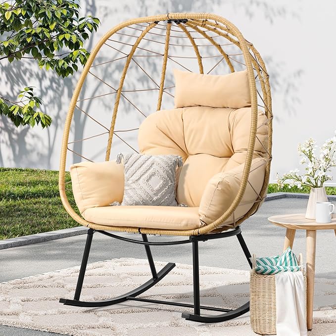 Amazon.com: YITAHOME Wicker Rocking Egg Chair, Outdoor Patio Rocking ...