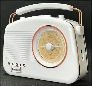 Steepletone Brighton Radio Mk2 Shabby Chic Nostalgic Retro AM, LW, MW, FM Rotary Radio, 1950's Style, Mains Electric, Battery Powered. Mobile Smart Phone Music Playback (Mains Lead Inc) White, Copper