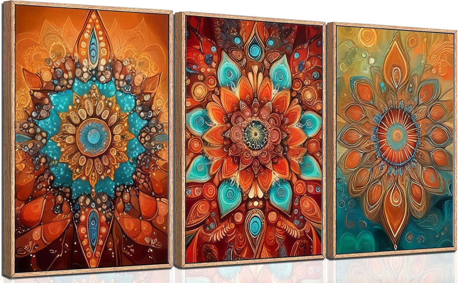 3Pcs Boho Mandala Floral Canvas Wall Art Modern Plants Colorful Flowers Painting Decor Pictures Vintage Floral Red Bloom Posters Prints for Office Living Room Bathroom Bedroom Decoration No Frames