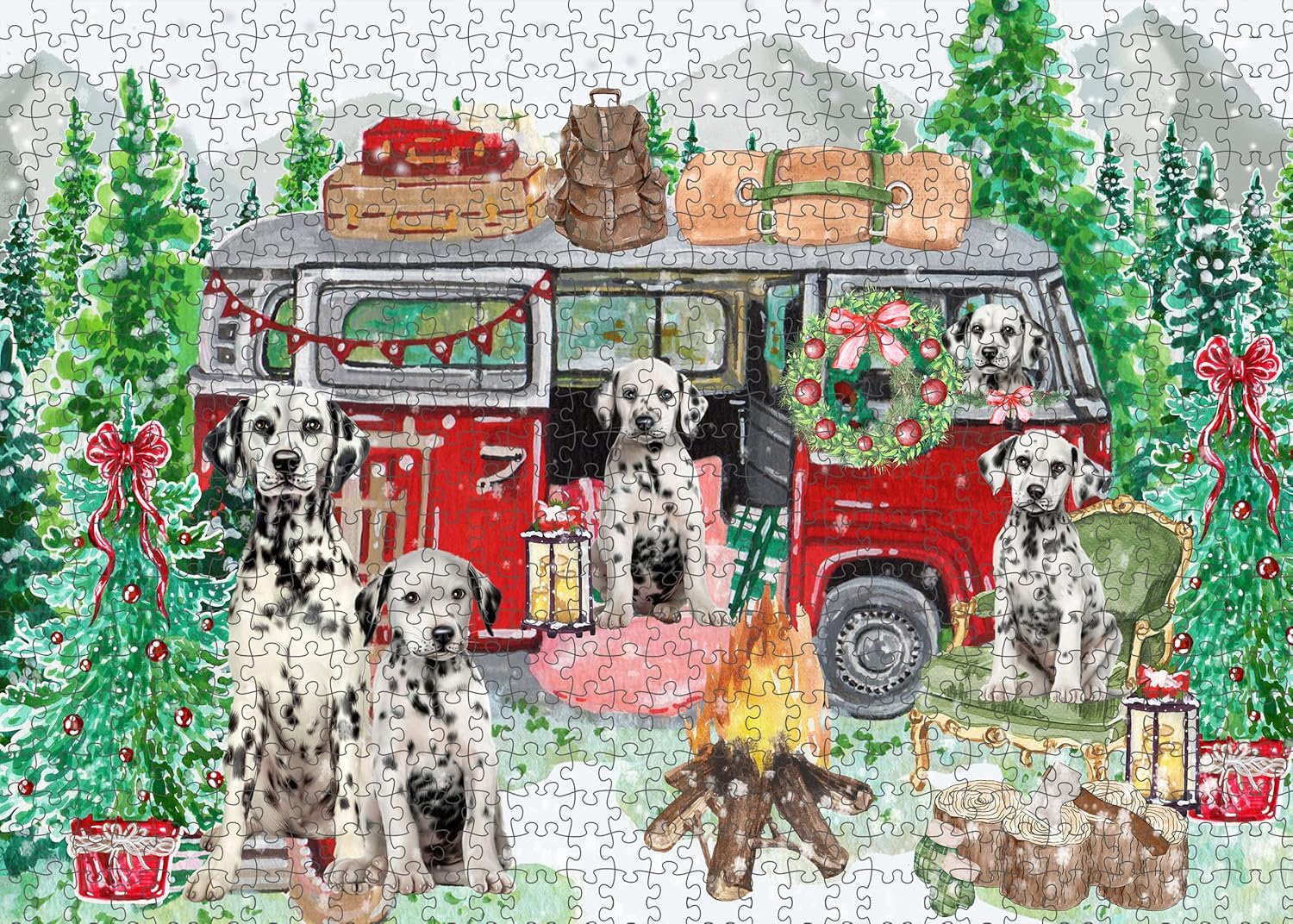 Christmas Time Camping with Dalmatian Dogs Jigsaw Puzzle for Adults - Animal Printed Interlocking Puzzle Game Artwork - Gift for Dog Lover's - 1000 Pcs 29.5"x19.7"