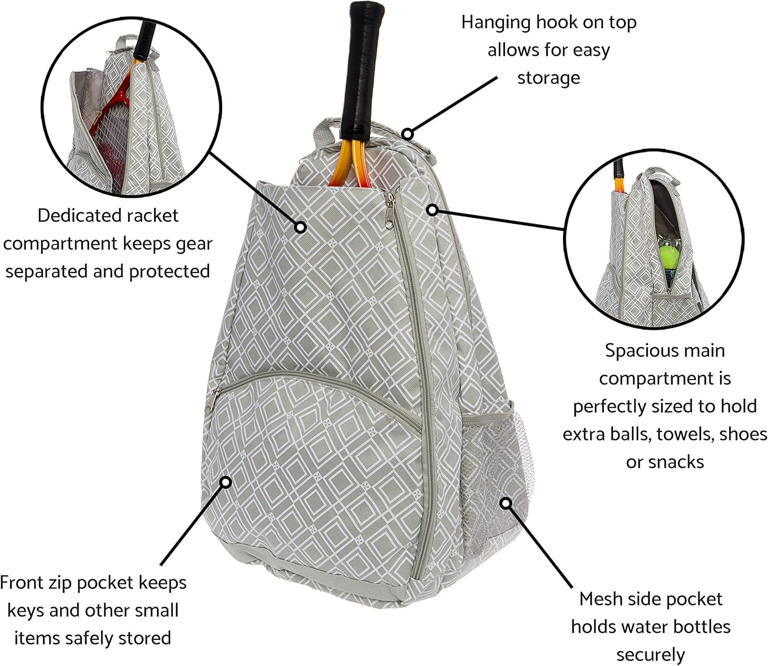 LISH Advantage Tennis Racket Backpack - Women's Geometric Diamond Print Tennis Racquet Holder Bag (Grey) : Sports & Outdoors