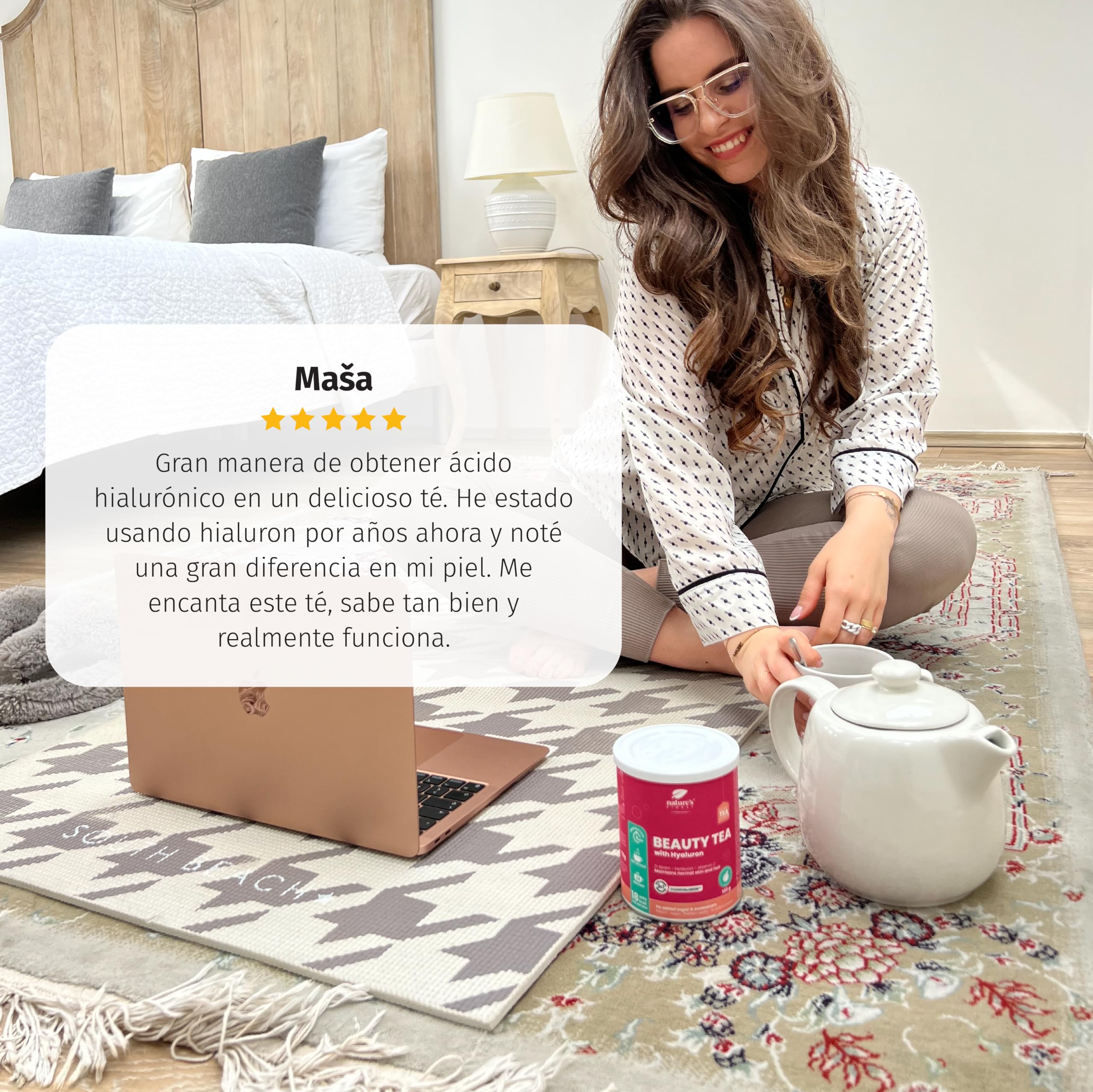 Nature's Finest Beauty Tea, Té Instantáneo 600 g (Paquete de 5) | té instantáneo con ácido hialurónico, biotina y vitamina C - sabor melocotón - sin edulcorantes - se disuelve en agua tibia