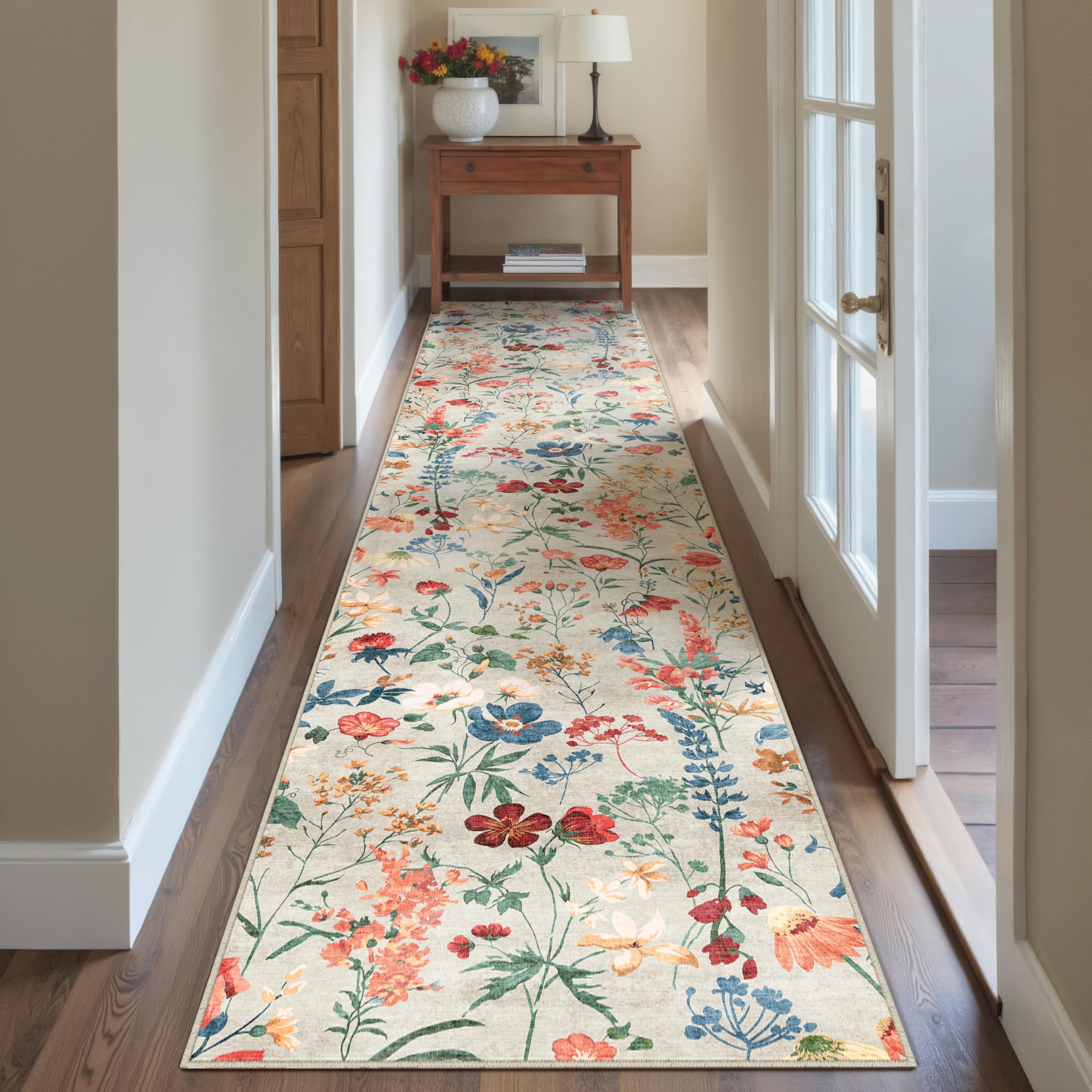 HUGEAR Beige Waschbarer Läufer Teppich Flur 80x400cm Blumenmuster Bettvorleger Blumen Boho Modern Küchen Wohnzimmer Schlafzimmer Teppiche rutschfest Kurzflor Weich Flurläufer Teppichläufer
