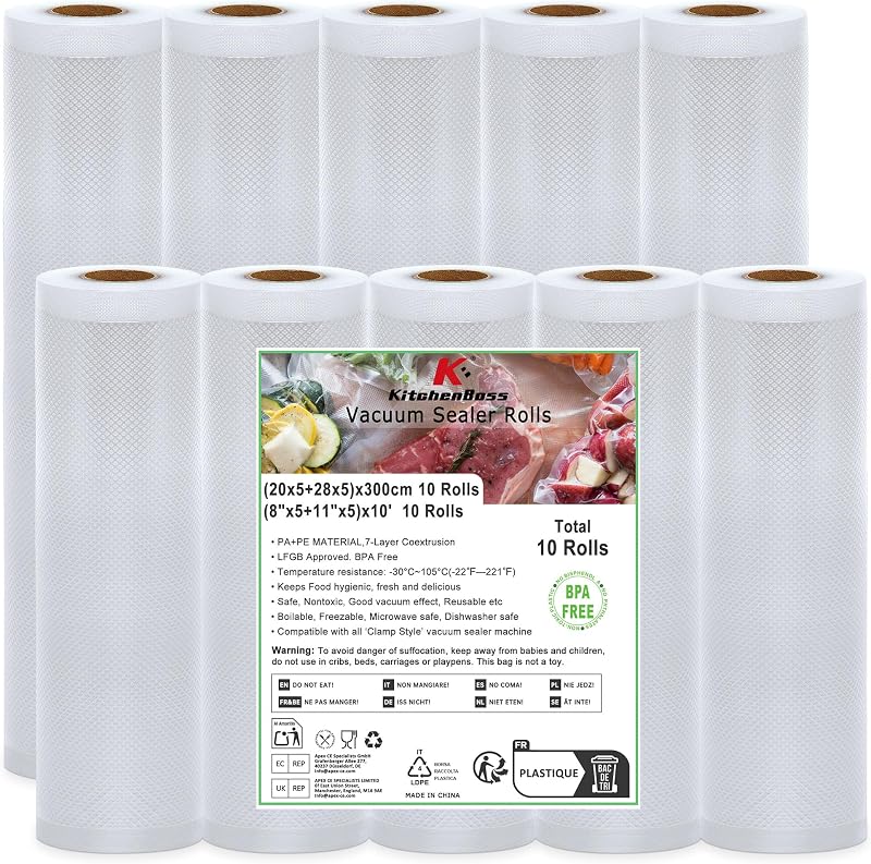 KitchenBoss Sac Sous Vide Alimentaire:10 Rouleaux Sachet Sous Vide Alimentaire, 20/28 x 300cm, Rouleau Sous Vide Alimentaire pour la Conservation des Aliments, Poche Sous Vide Alimentaire Gaufré