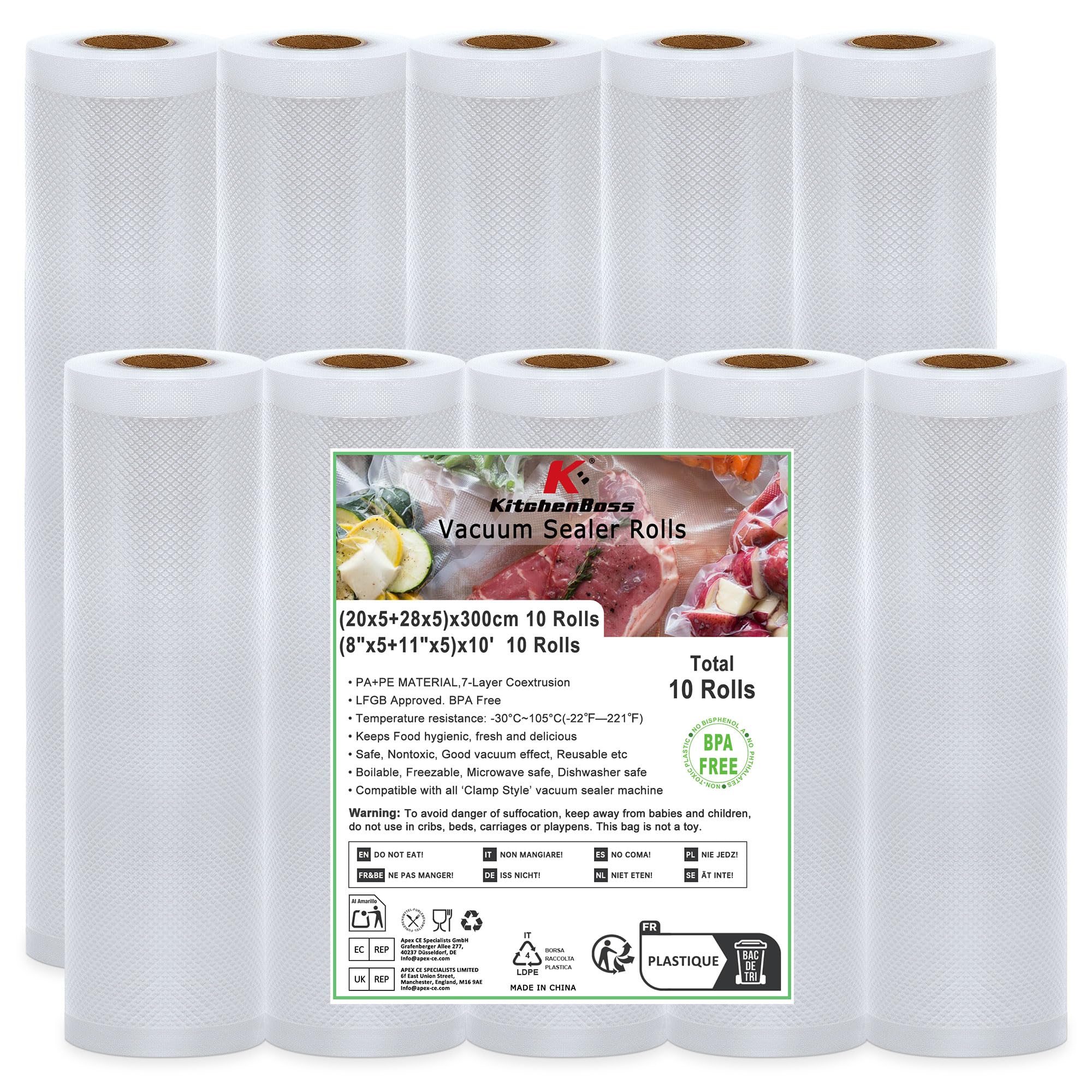 KitchenBoss Sac Sous Vide Alimentaire：10 Rouleaux Sachet Sous Vide Alimentaire, 20/28 x 300cm, Rouleau Sous Vide Alimentaire pour la Conservation des Aliments, Poche Sous Vide Alimentaire Gaufré