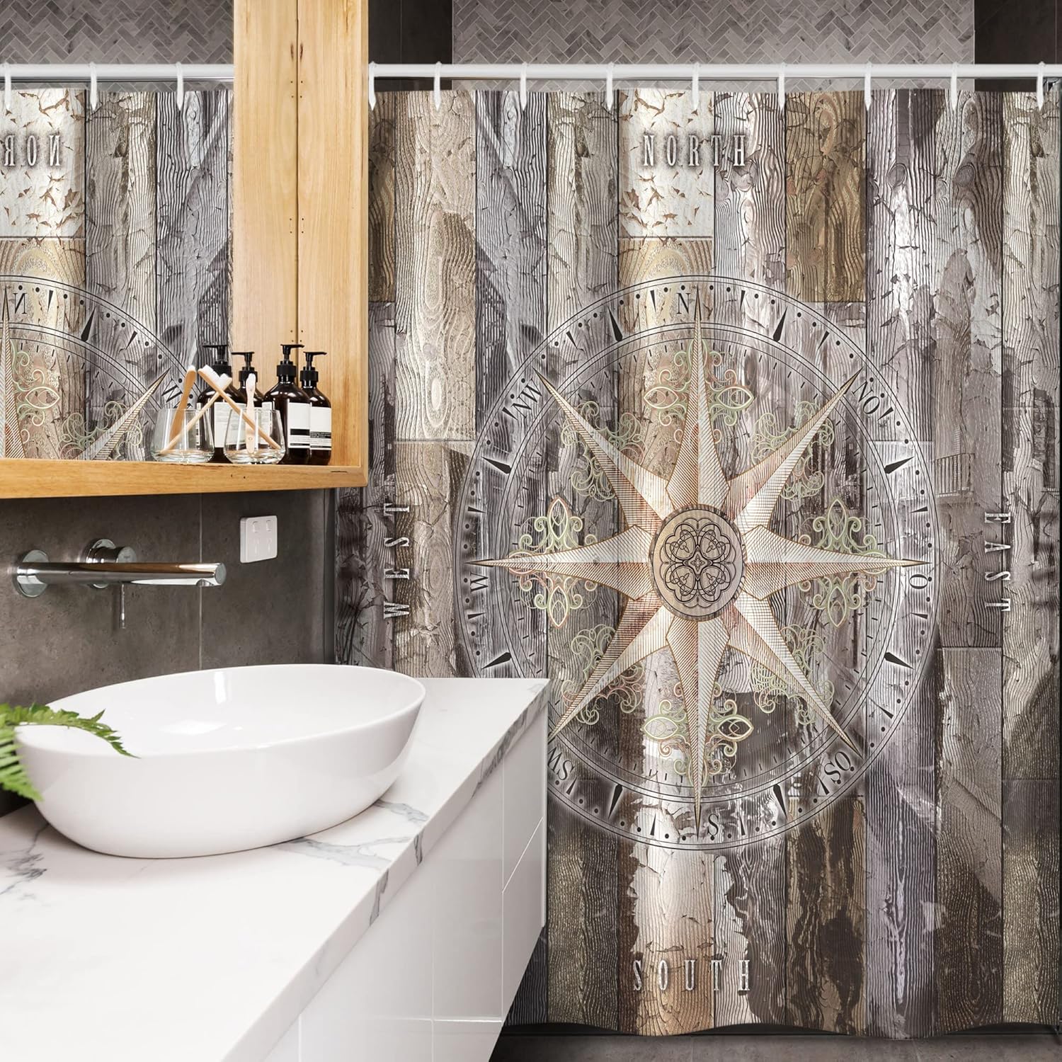 Ambesonne Marine Life Stall Shower Curtain, Navy Sea Life Yacht Theme Colored Wood Backdrop Rudder Like Compass Marine Image, Fabric Bathroom Decor Set with Hooks, 54" W x 78" L, Brown