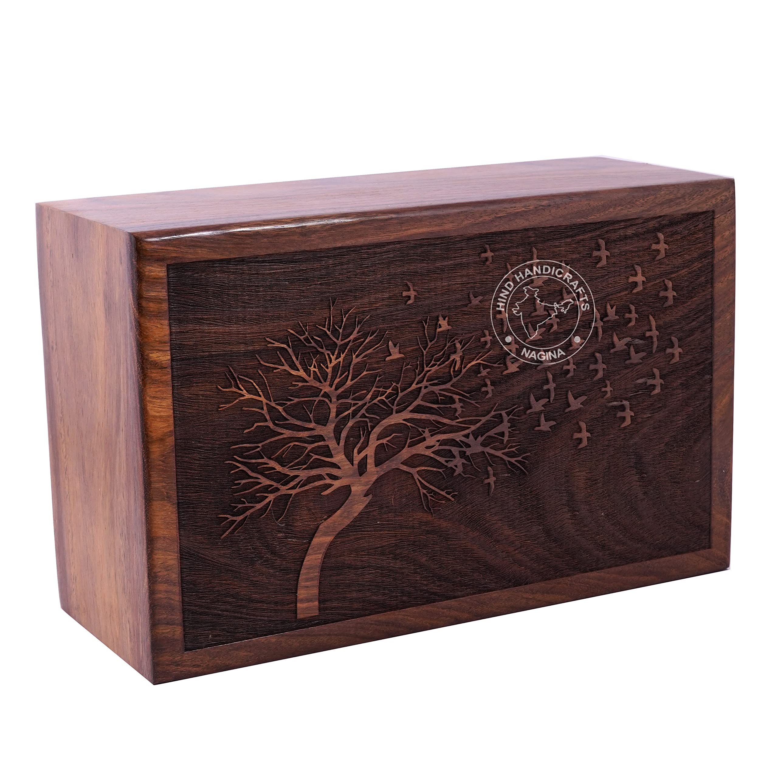 Wooden Cremation Urn for Human Ashes Adult – Large Rosewood Funeral Ashes Box with Tree of Life & Flying Birds, Handcrafted Burial Urn for Columbarium or Memorial (250 Cubic Inches, Tree of Life) — image 1