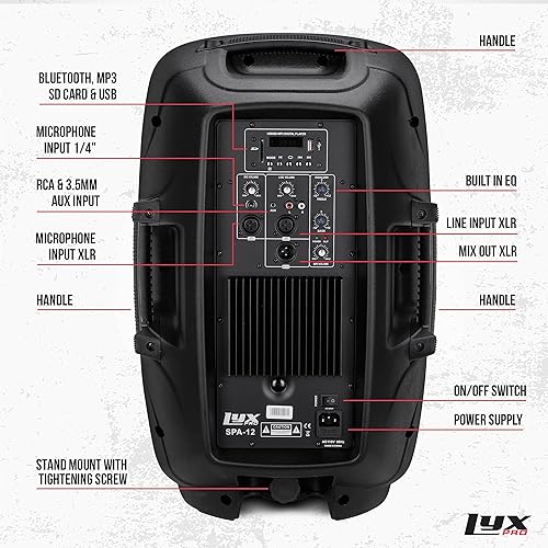 Miniatura 2 de LyxPro Sistema PA de 12" Potente Sistema de Altavoces Activos Portátiles Compactos con Ecualizador, Bluetooth, Ranura para Tarjeta SD, USB, MP3,
