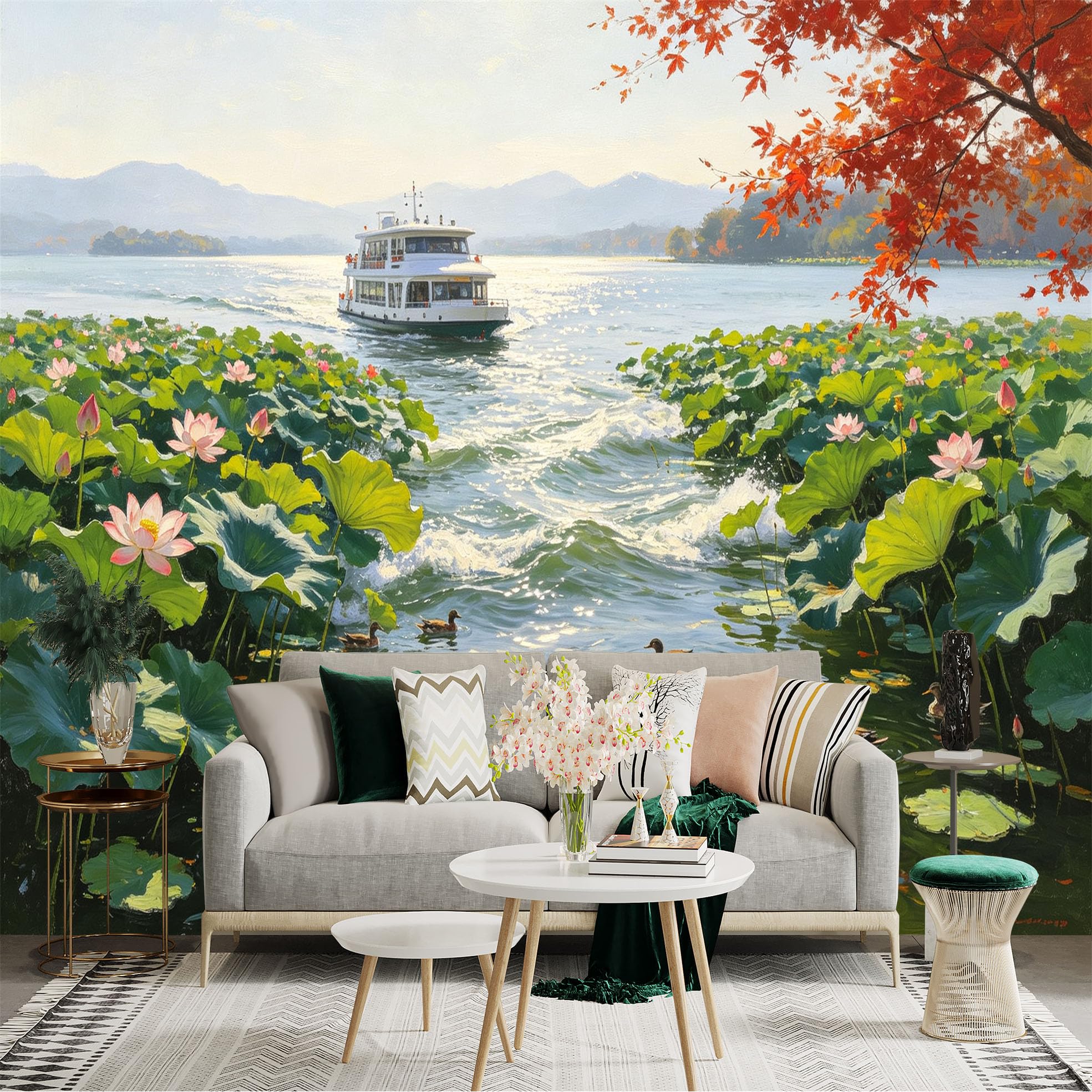 Custom Size Wall Sticker Mural， Scenic Lake with Lotus Flowers， Pleasure Boat， Swimming Ducks and Maple Leaves， for wall Decoration， peelandstick wall Decals.