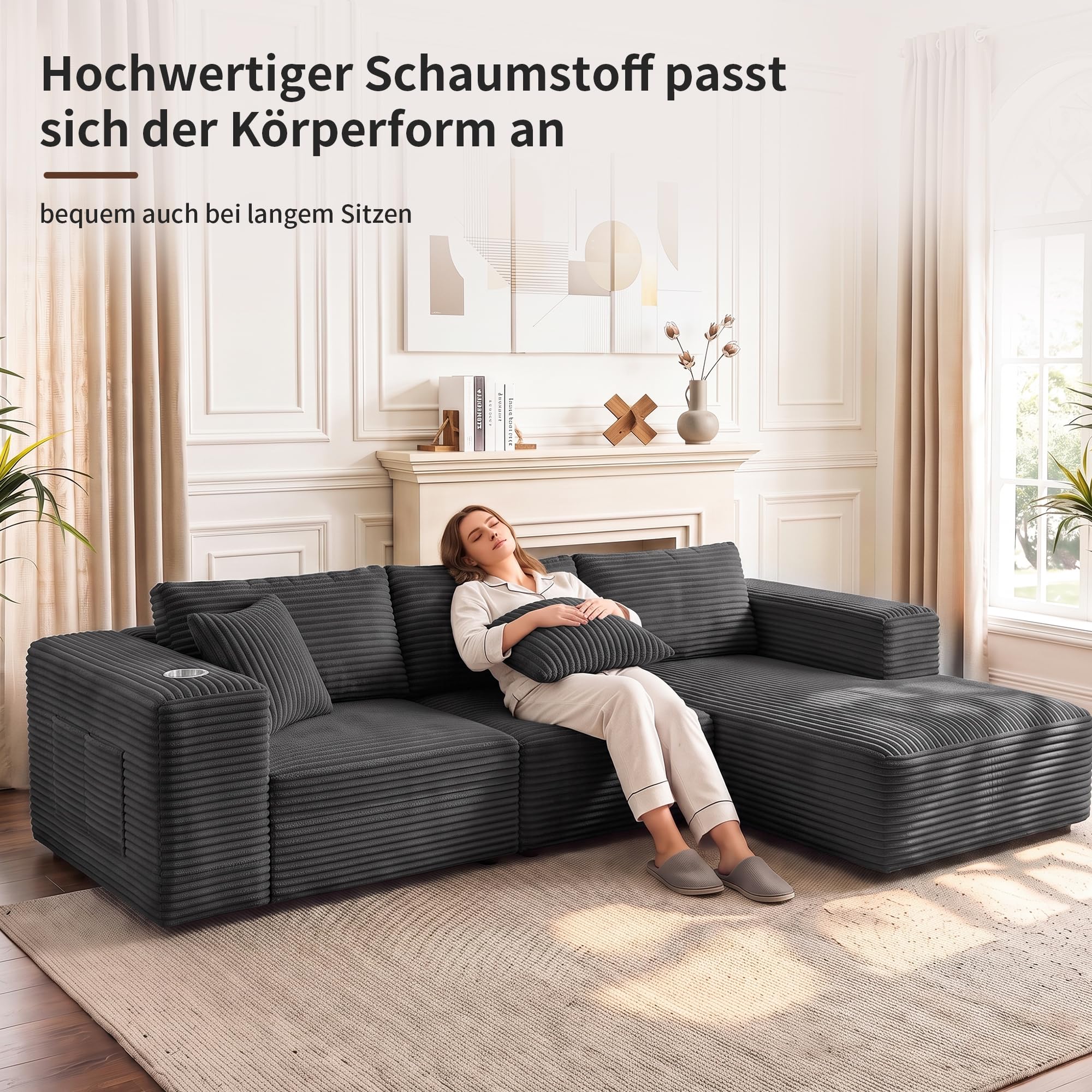BonVache Ecksofa mit Schlaffunktion, 3-Sitzer Sofa mit Tassenhalter und Seitenfach, Cord Cloud Couch mit Nackenkissen, Tiefer Sitzfläche, L-Form Boneless Couch für Wohnzimmer, Grau
