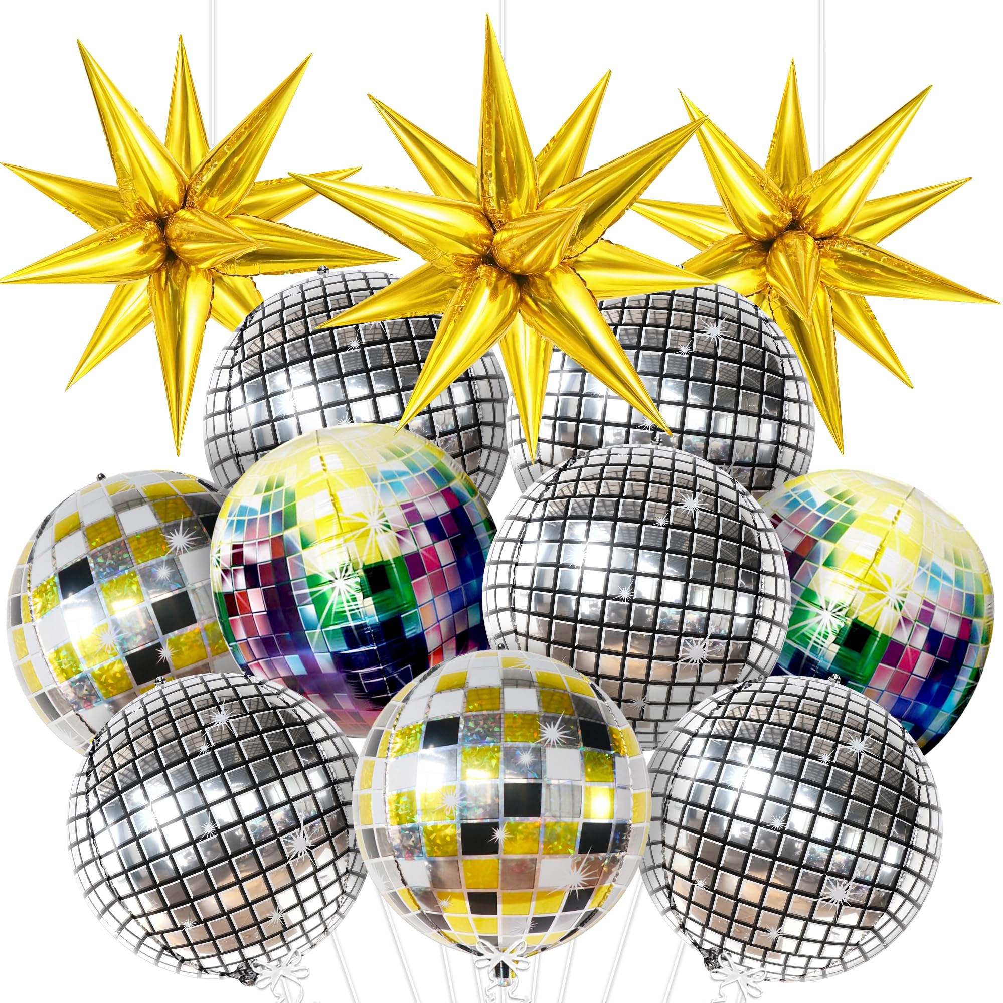 Multicolor Disco Ball Balloons - 22 Inch, Pack of 12 | Gold Star Balloons, 4D Sphere Disco Balloons for Disco Party Decorations, Disco Decor | Gold Spike Balloons for 70s Party Decorations