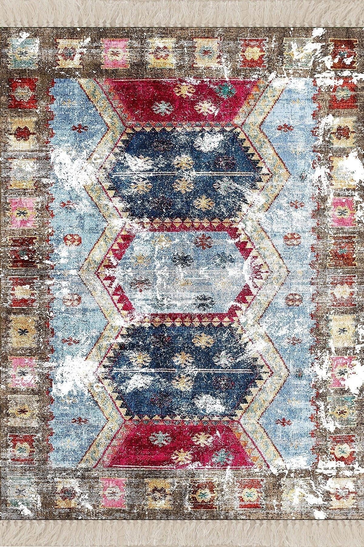 On The Clouds Kilim Desenli Etnik Dijital Baskı Yıkanabilir Kaymaz Taban Eskitme Salon Halı ve Yolluk BFOETN10, 180 x 280