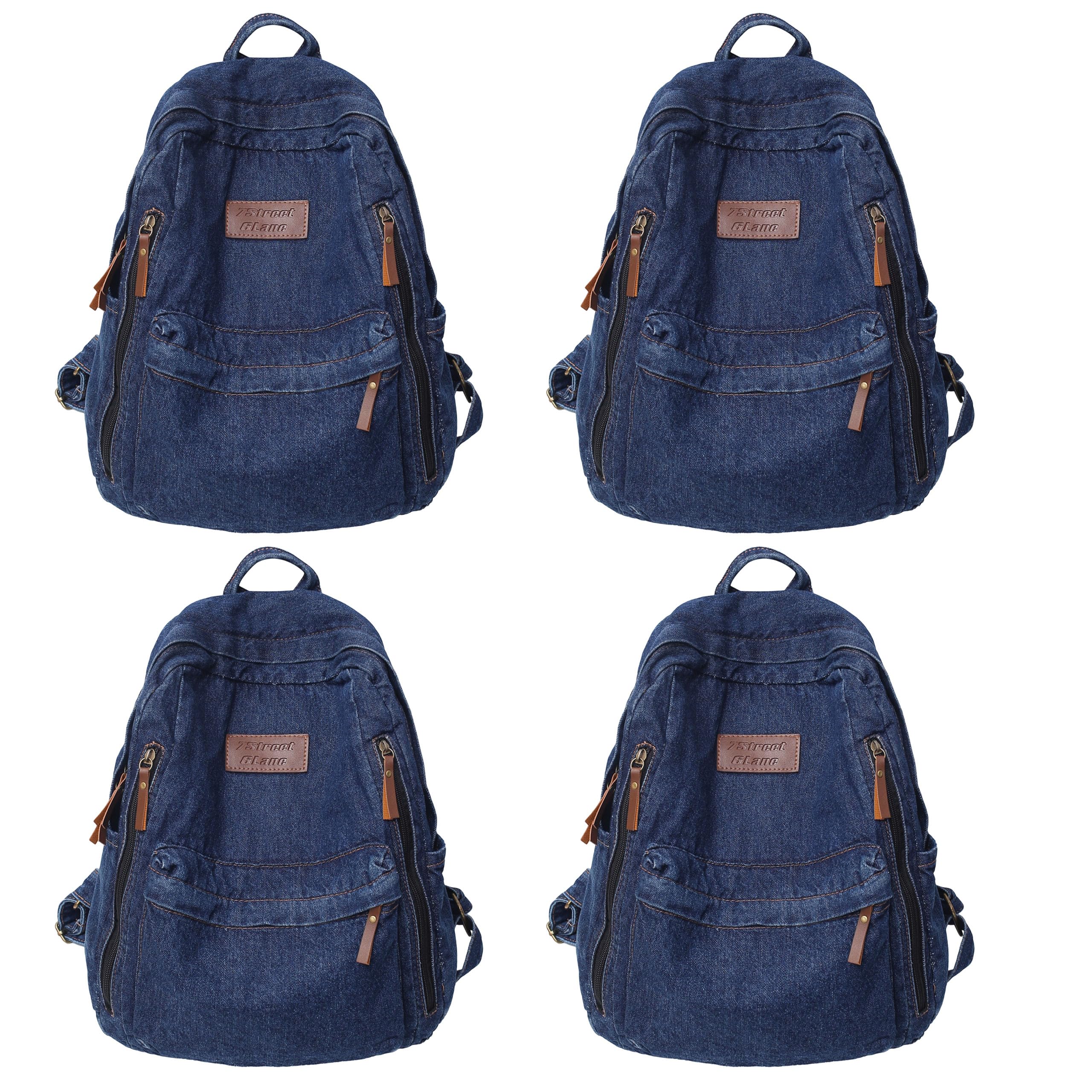 ZFEZYXA4pcs Denim Backpack for Men Women Vintage Rucksack Canvas Backpack Blue Jeans Laptop Backpack Retro Rucksack for Study Travel Work