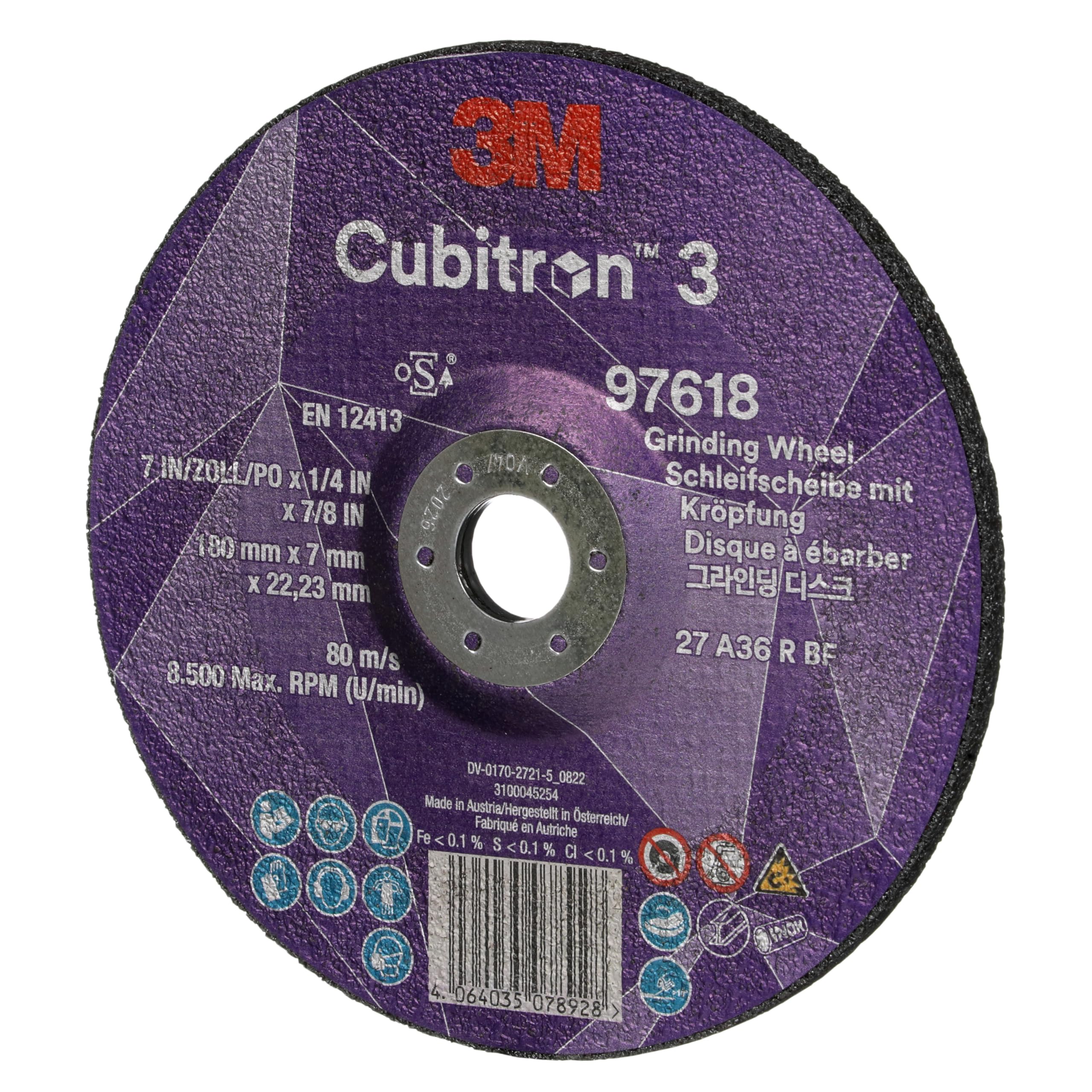 3M Cubitron 3 Disco de Desbaste con Centro Hundido, 97618, 36+, T27 | 180 mm x 7 mm x 22.23 mm, Especial para Ranurado EN, Paquete de 10 Unidades