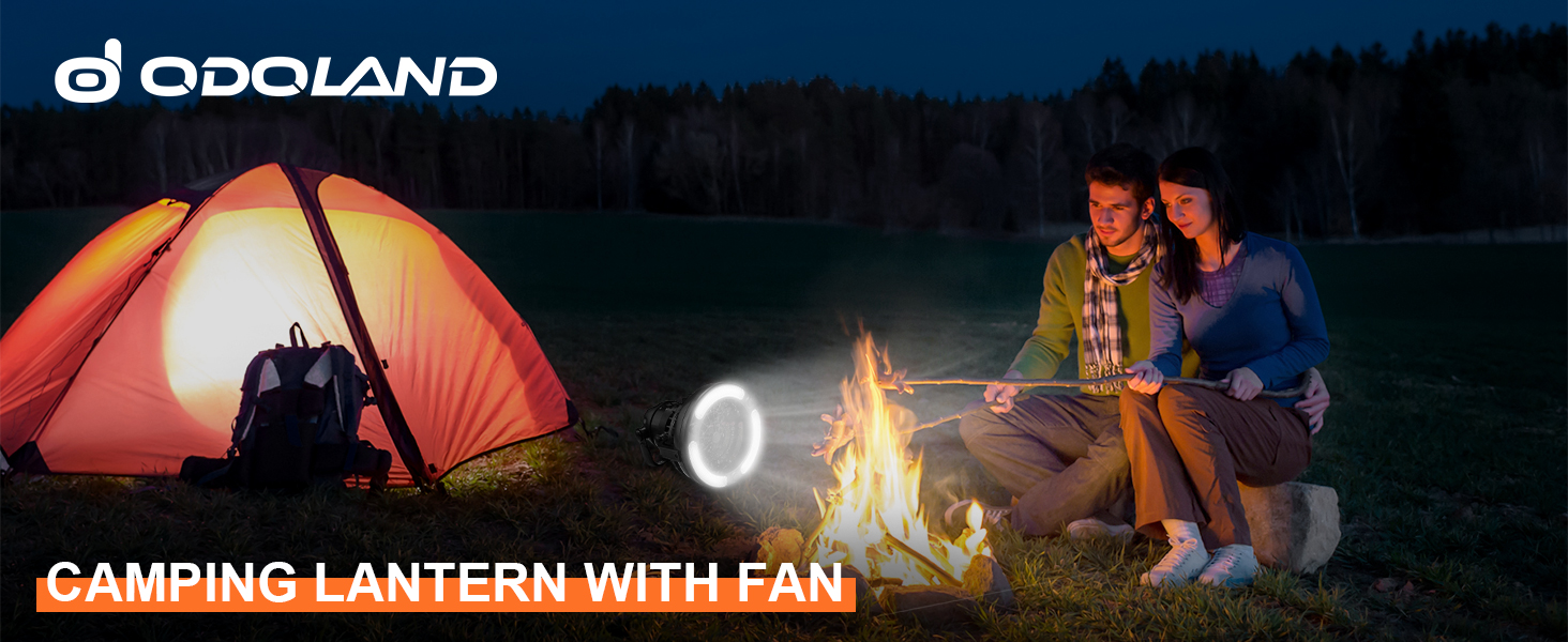 Couple camping, using Odoland LED Lantern with Ceiling Fan