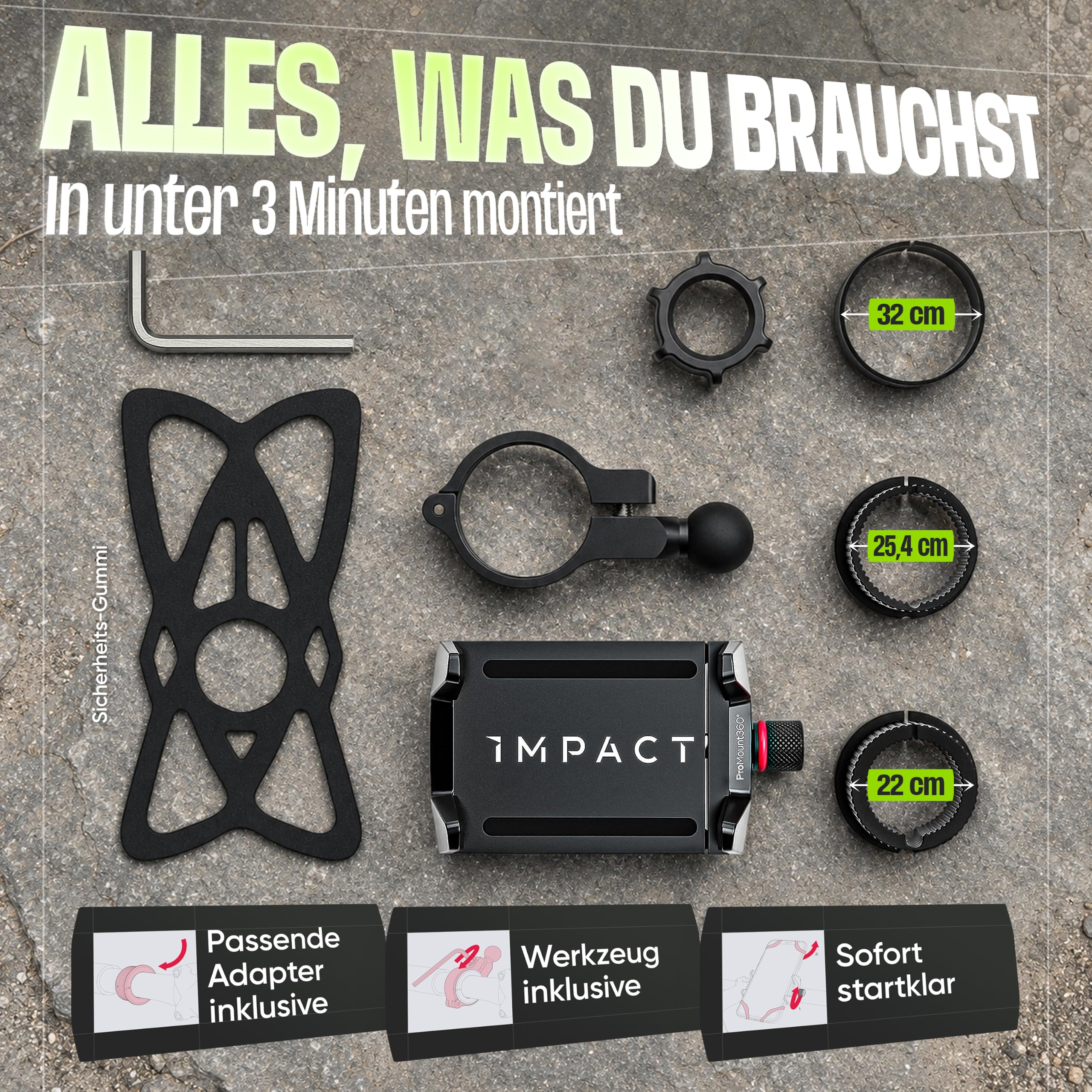 Impact® Pro Mount 360° - Handyhalterung Fahrrad [Smartphone KOMPATIBEL 4-7 Zoll] - Handyhalter Fahrrad - Handyhalterung für Fahrrad Lenker mit Kugelgelenk & Sicherheitsgummi - iPhone 14 15 Pro Max