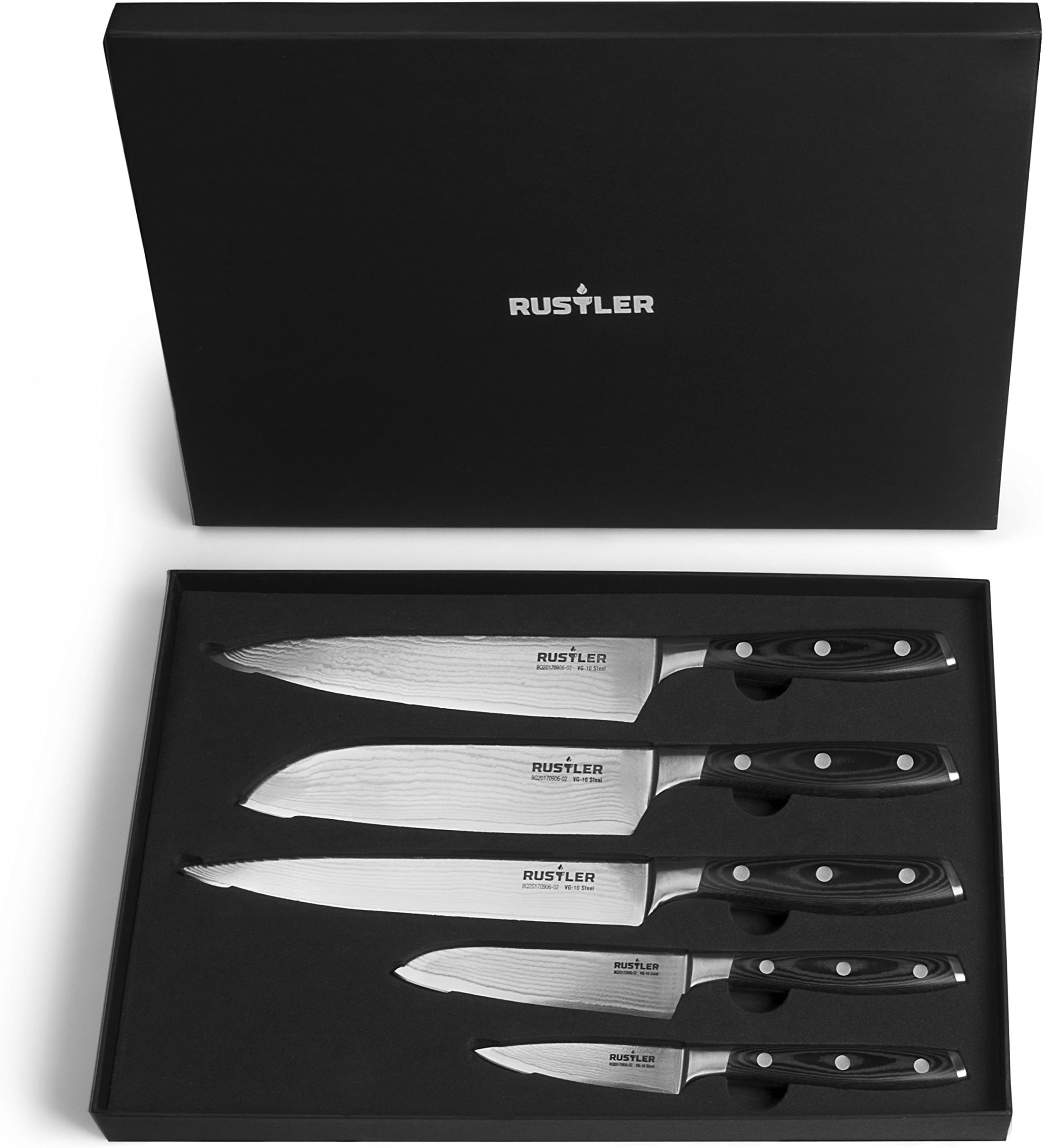 Rustler Damascus Knife Set – Set of 5 – Paring Knife (8.5 cm) – Santoku Knives (12 & 17.5 cm) – Kitchen Knife (19.8 cm) – Chef knife (20 cm) – 67 Layers of Stainless Damascus Steel, Silver