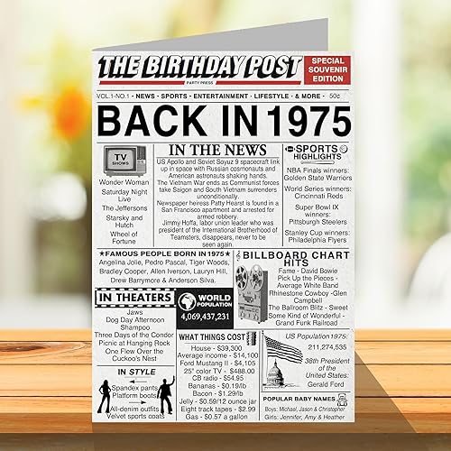 Miniatura 3 de Tarjetas de cumpleaños número 49 para hombres y mujeres, periódico Back In 1975, tarjeta de decoración de cumpleaños 49 para ella, papá, mamá,