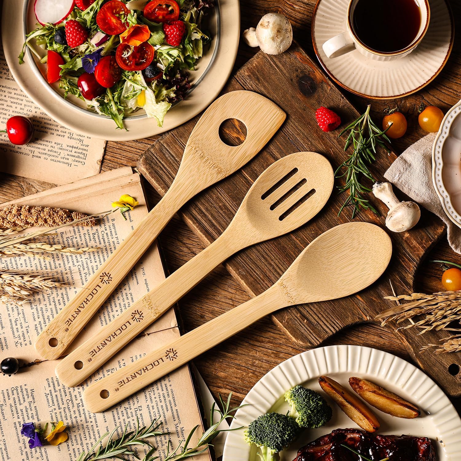 Cucharas de madera para cocinar, juego de 6 cucharas de madera de bambú y espátulas de cocina
