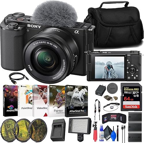 Sony ZV-E10 Cámara sin espejo con lente de 0.630-1.969in (negro) (ILCZV-E10LB) + tarjeta de memoria de 64 GB + kit de filtro + luz LED + cargador