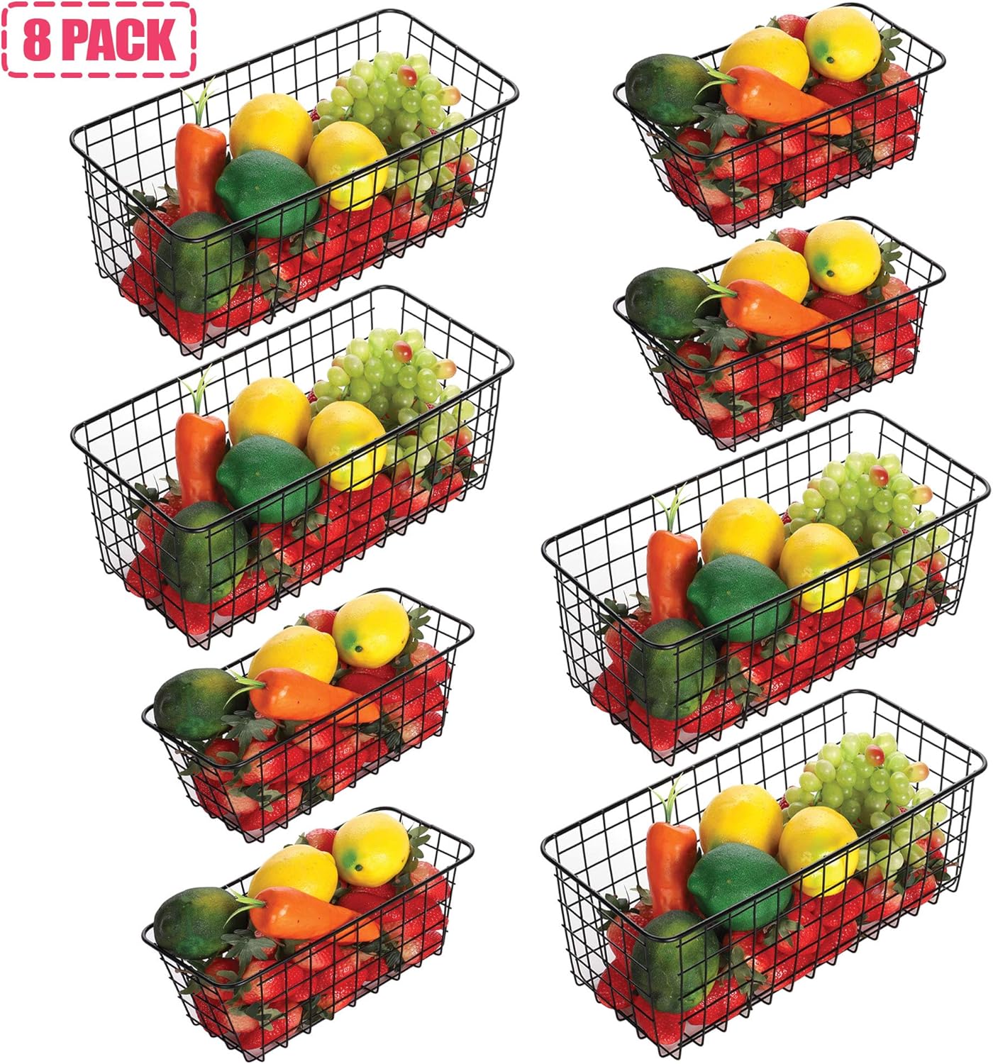 8 Pack Wire Storage Baskets Household Metal Wall-Mounted Containers Organizer Bins for Kitchen Bathroom Freezer Pantry Closet Laundry Room Cabinets Garage Shelf, 4 Large 4 Medium