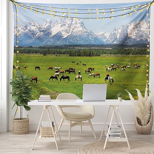 Miniatura 7 de Ambesonne Tapiz de caballo, parque nacional Grand Teton, montañas nevadas, árboles verdes frescos, animales, para colgar en la pared para