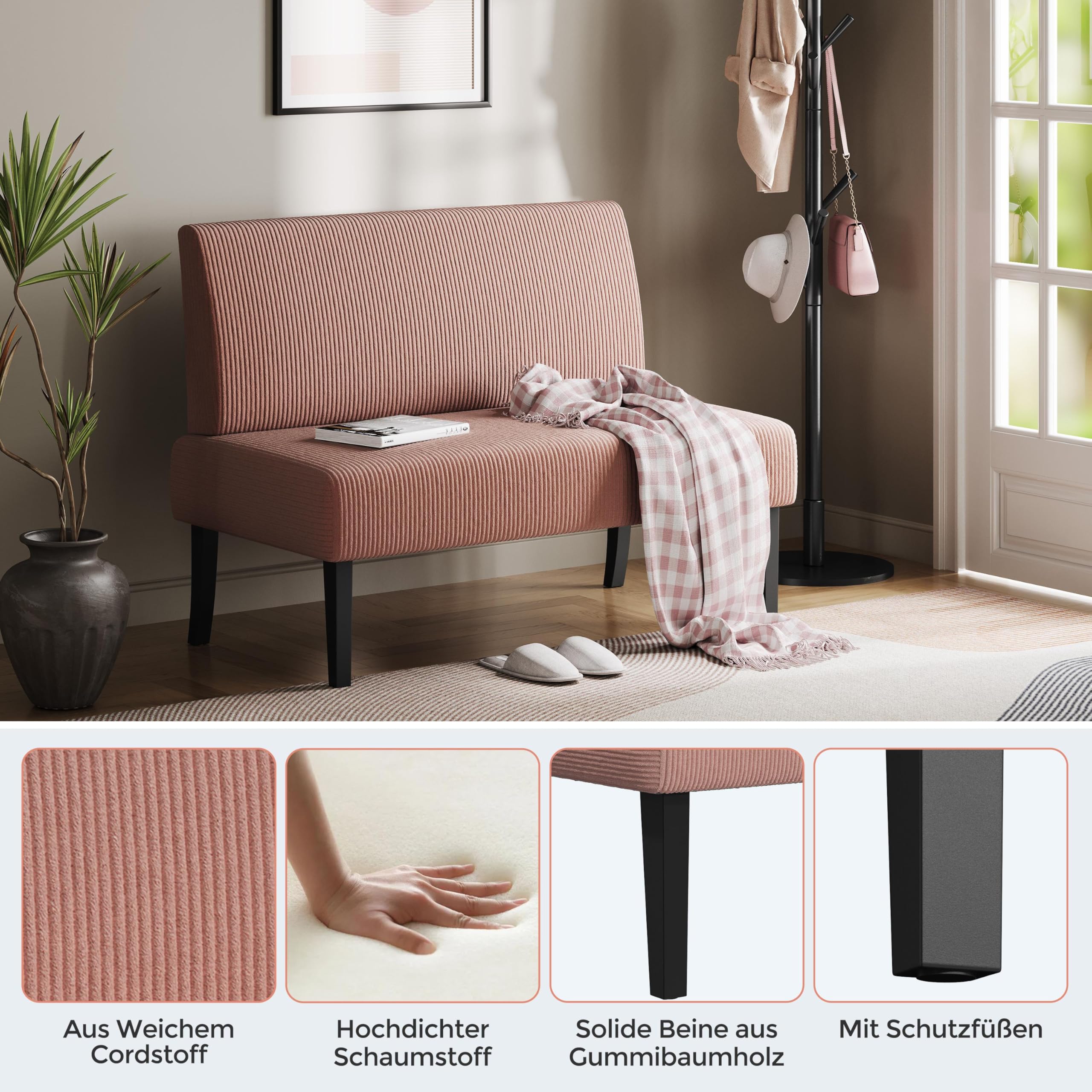 Yaheetech Küchensofa 2-sitzer Sitzbank Polstersofa aus Cordstoff Doppelsofa ohne Armlehnen Stoffsofa Loungesofa fürs Wohnzimmer/Eingangsbereich/Büro, Rosa