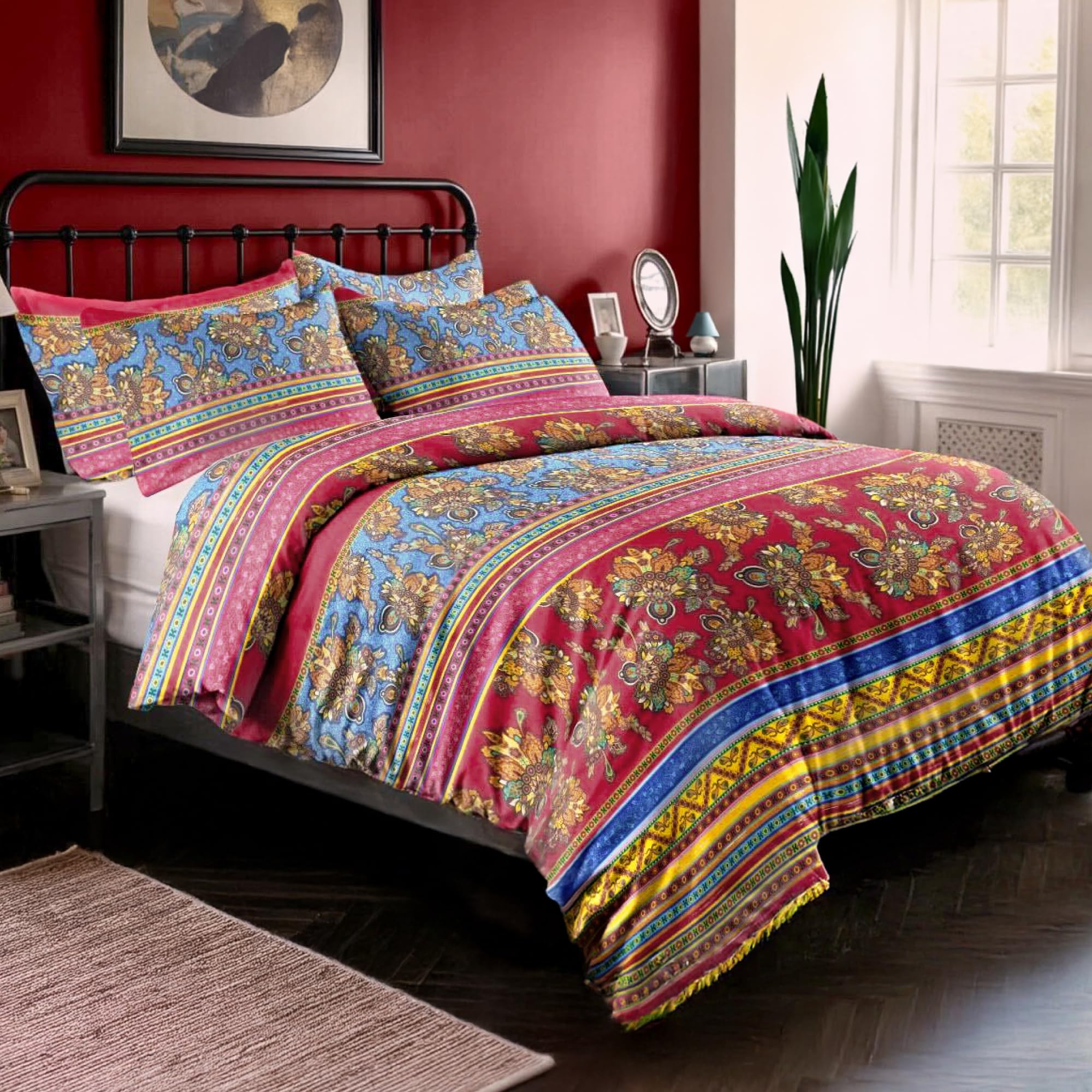 Dreamzie Böhmisch Bettwäsche 200x200 3 Teilig Rot Blau Bunt Indischen Boho Bohemian Bettbezüge mit Reißverschluss und 2 Kissenbezug 80x80 aus 100% Mikrofaser - Zertifiziert ohne Chemikalien (Oeko TEX)