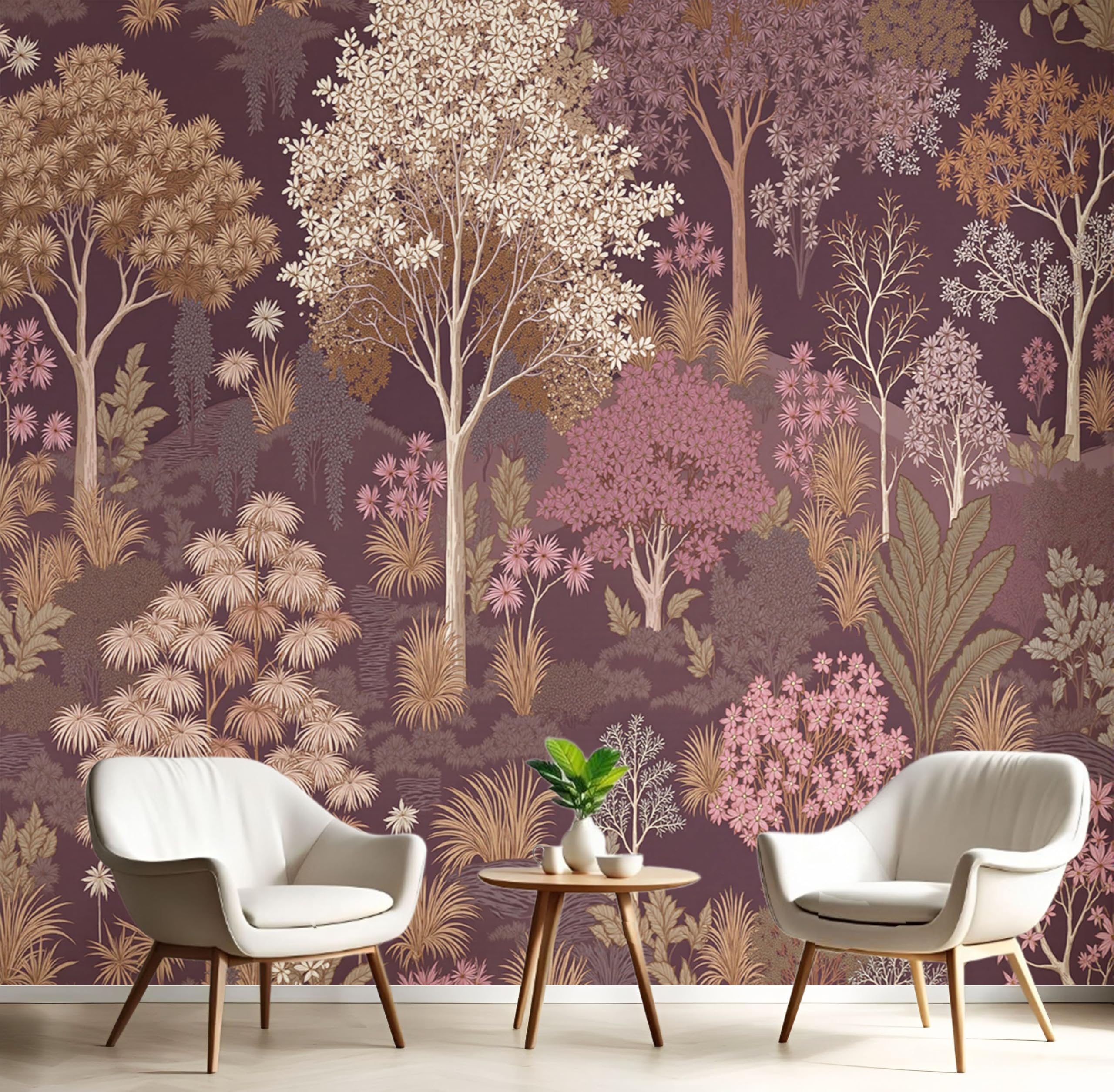 Papier peint forêt rose vintage pour salon et chambre d'enfant