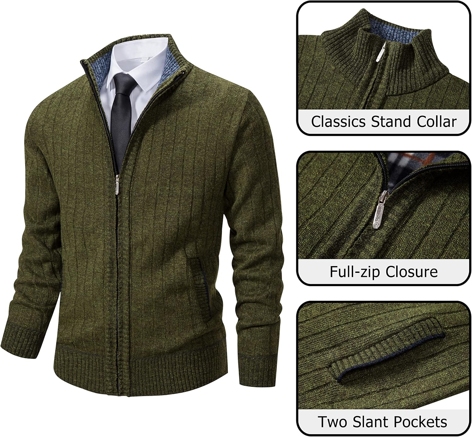 Vcansion Men's Slim Fit Full Zip Up Stand Collar Casual Knitted Sweaters Cardigan with Pockets - Image 3