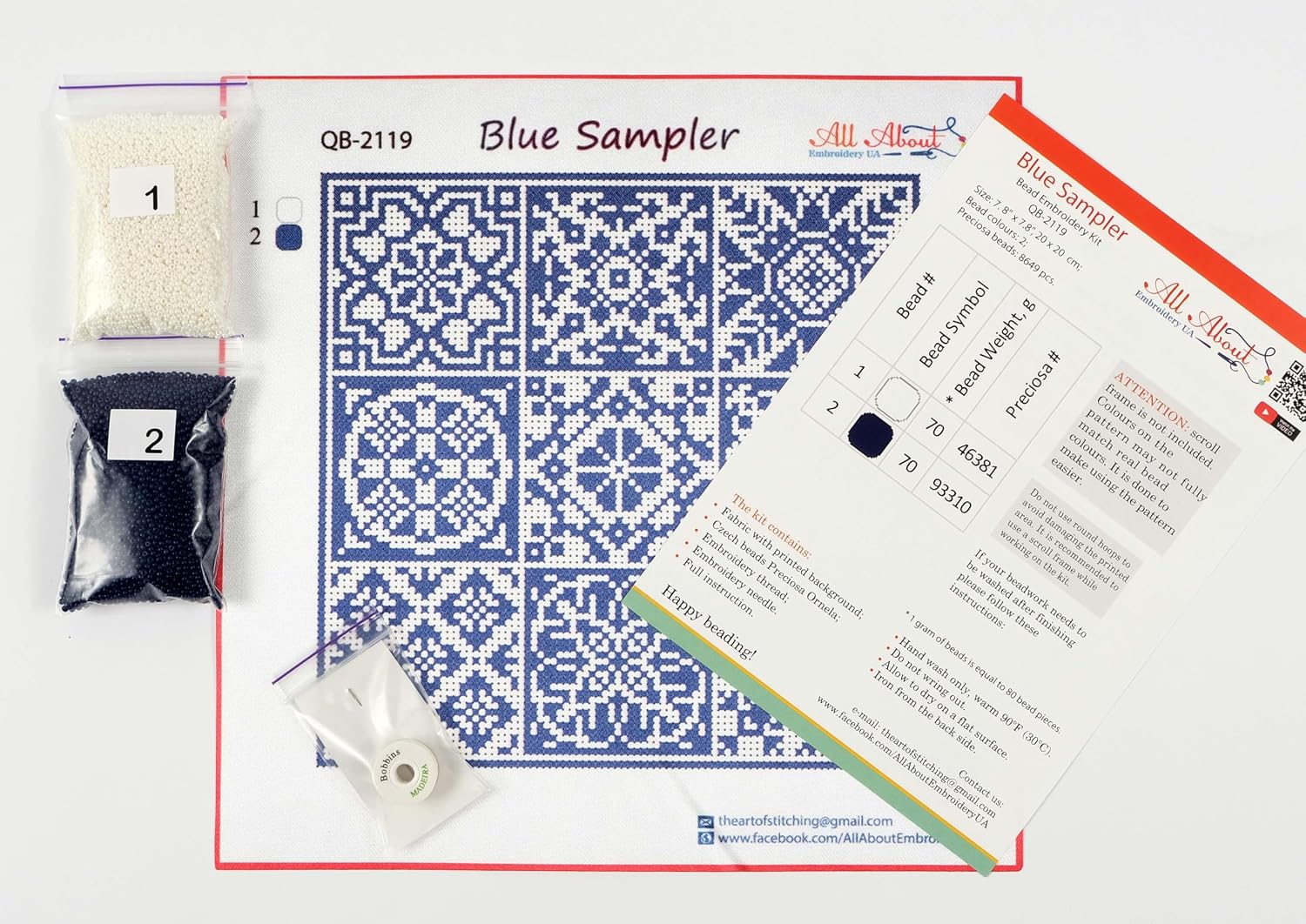 Bead Embroidery Kit Quaker Sampler AllAboutEmbroidery Beaded Cross Stitch Quaker Needlework (Blue)