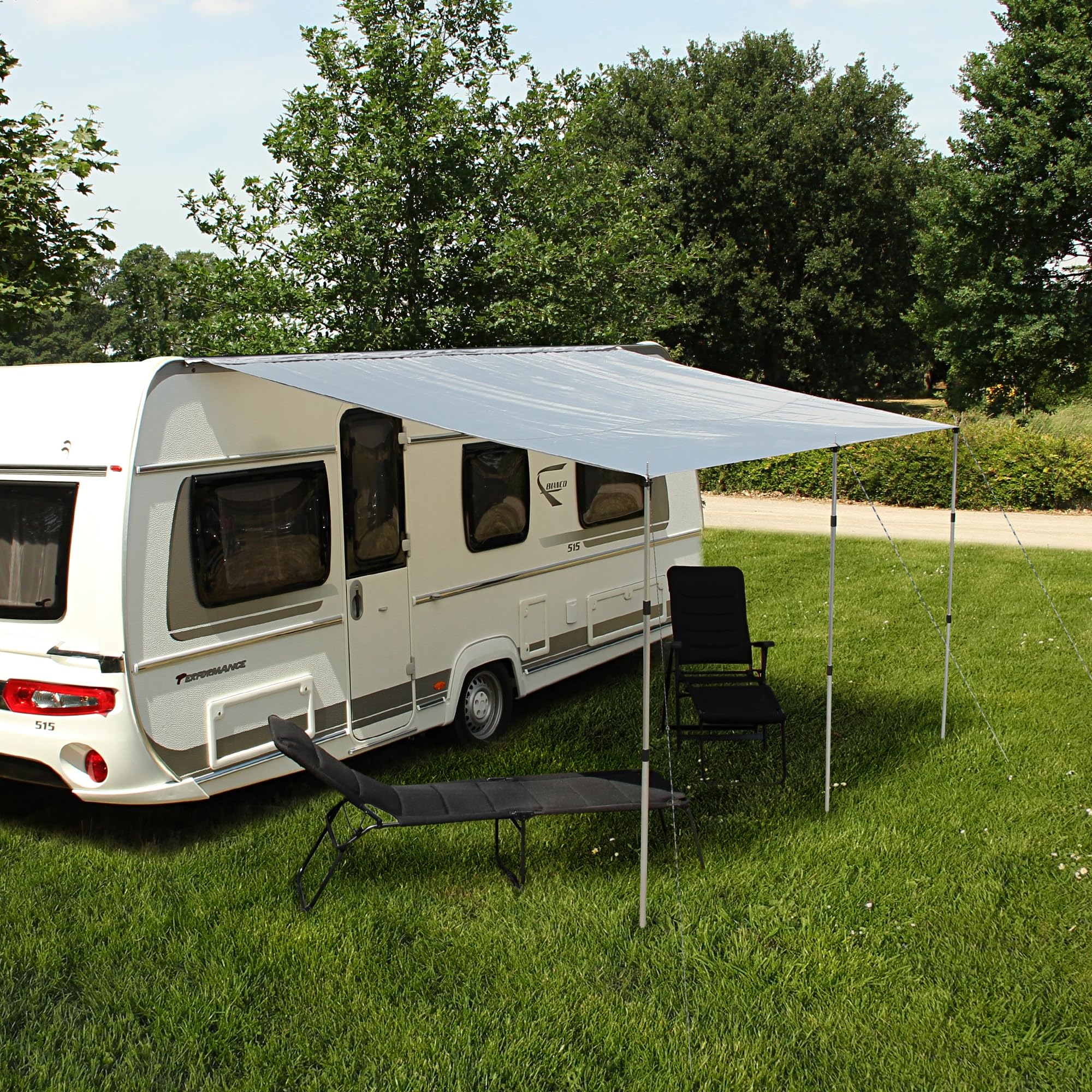 yourGEAR Voile d'ombrage pour caravane avec barres de support, protection UV 50+, imperméable 5000 mm, double passepoil 7 mm et 5 mm (gris, 450 x 240 cm)