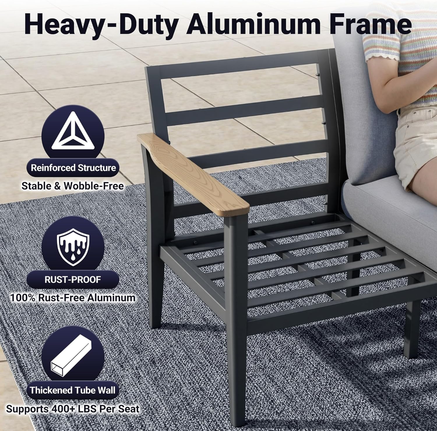 Aluminum Swivel Rocking Chairs, 3-Piece Outdoor Patio Furniture Set with Side Table, Rust-Proof Metal Gliders with Wood-Like Armrests & 5.1" Thick Cushions for Backyard, Porch, Gray