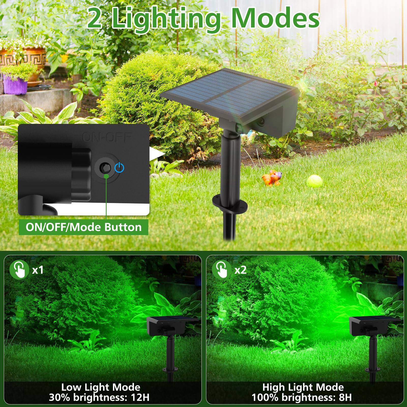 T-SUNUS Focos solares verdes para exteriores, luces solares de jardín impermeables, 2 modos brillantes, luces de seguridad, luz de paisaje de Navidad para jardín, árbol, patio, césped, escaleras
