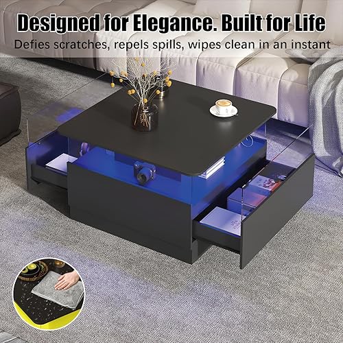 Miniatura 4 de Mesas de centro redondas con almacenamiento, mesa de centro moderna para sala de estar, mesas de centro cuadradas negras y 2 cajones espaciosos,