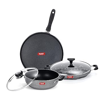 SUMEET NonStick Aluminium Abu-Abu Cookware Set (Dosa Tawa - 26.5Cm , Kadhai with -2Ltr - 22Cm , Grill Appam Patra with Glass Lid - 12 Cavity - 22cm Dia, silver)